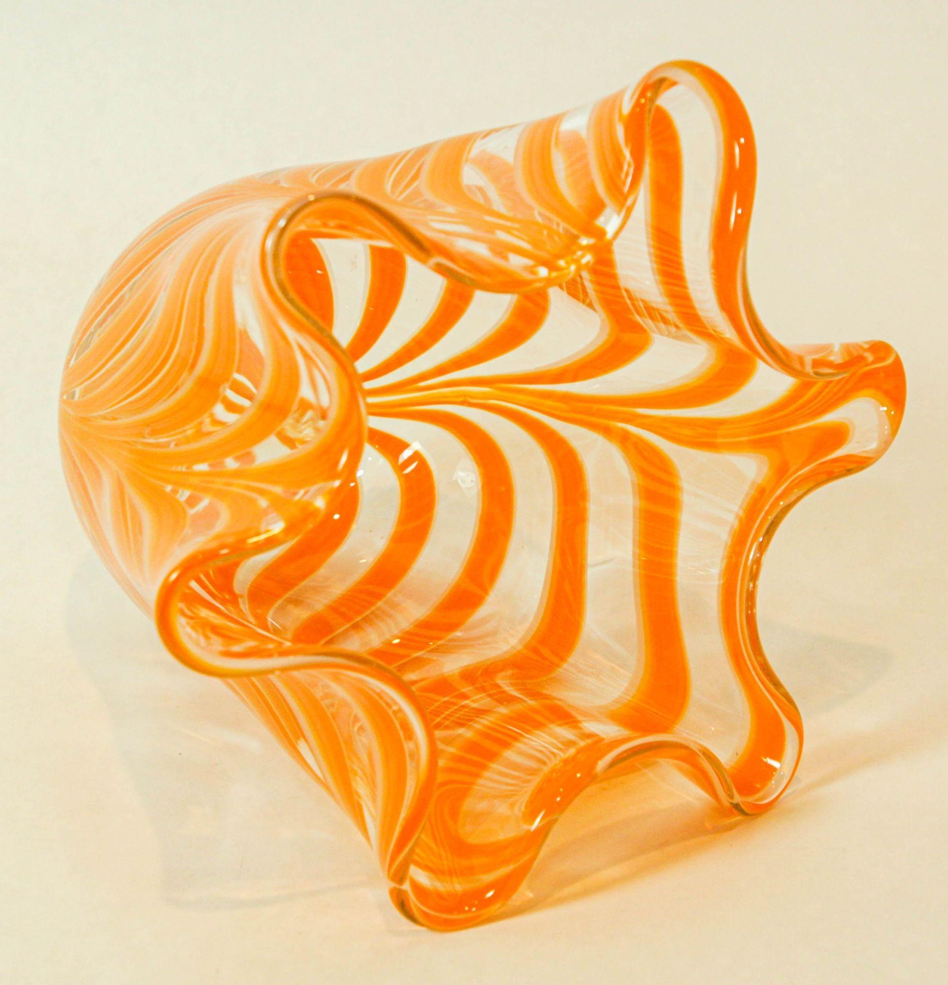 Hand-Crafted Italian Murano Venetian Vase Orange Swirl Freeform Handkerchief 1970s For Sale