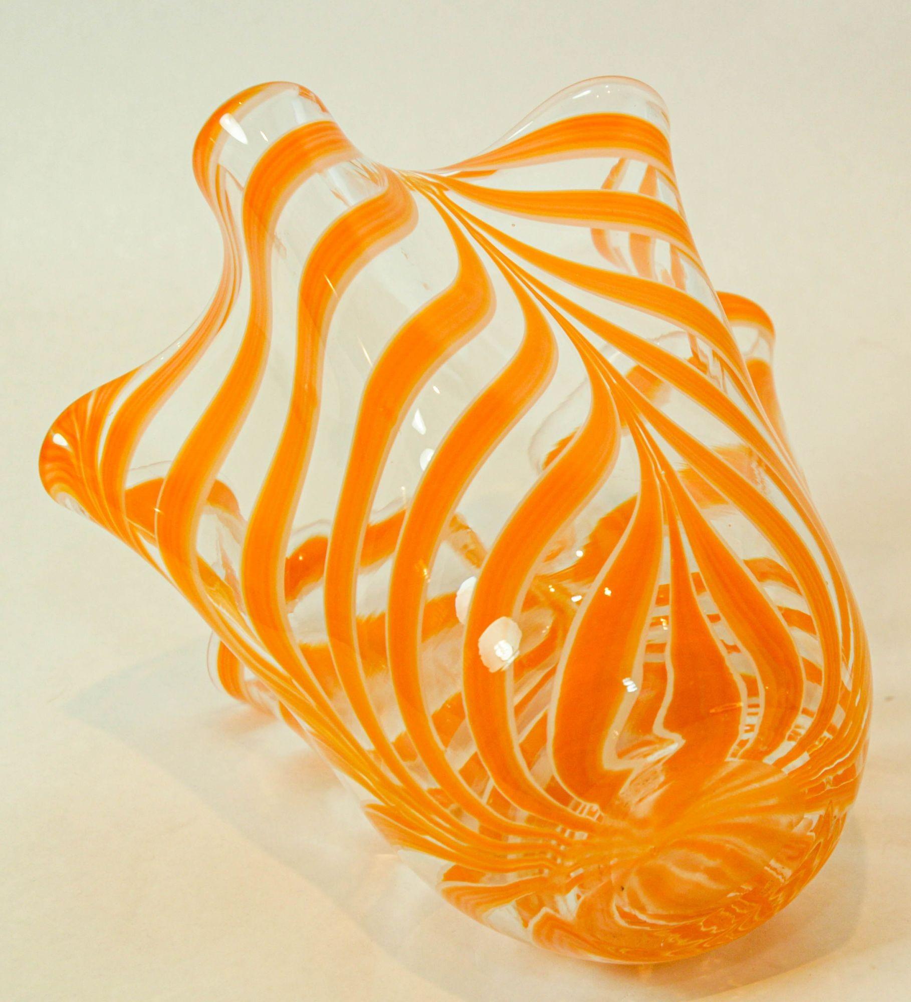 Art Glass Italian Murano Venetian Vase Orange Swirl Freeform Handkerchief 1970s For Sale
