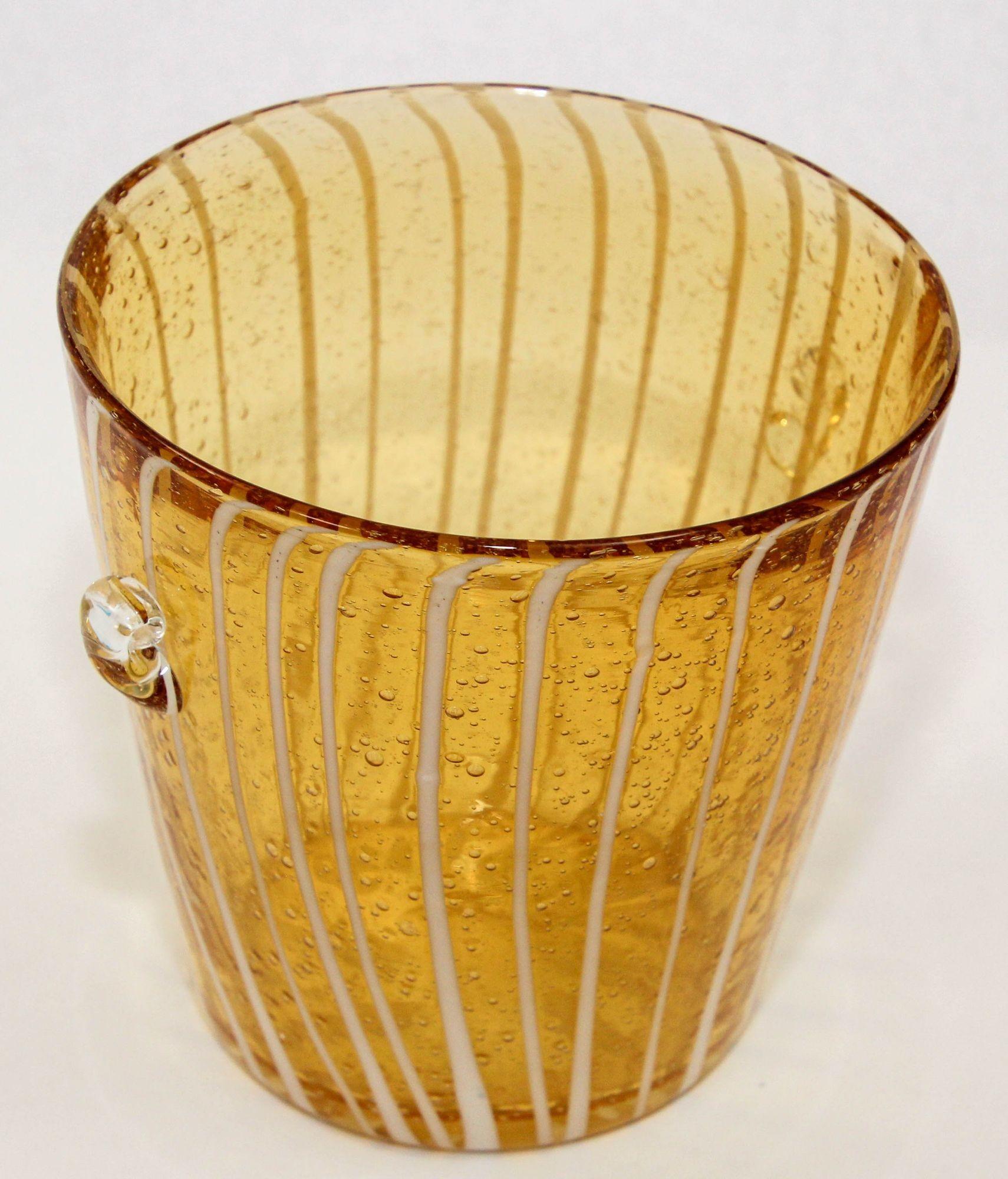 Hand-Crafted Italian Murano Venini Venetian Art Glass Ice Bucket Amber and White For Sale