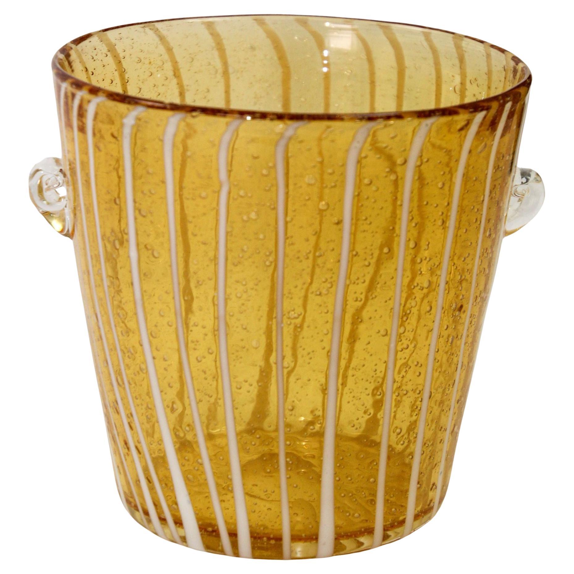 Italian Murano Venini Venetian Art Glass Ice Bucket Amber and White For Sale