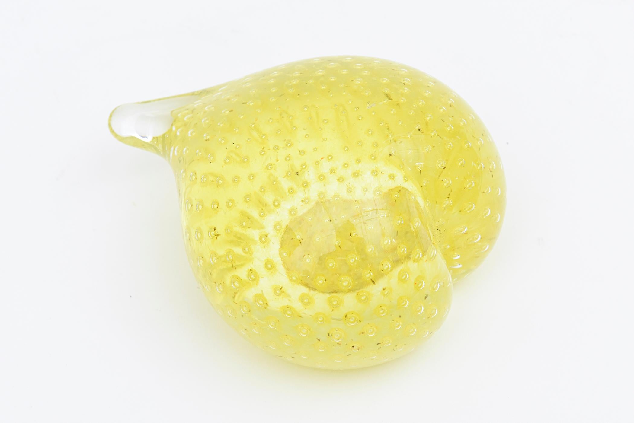 Blown Glass Murano Vintage Yellow Heart Glass With Bubbles Paperweight Desk Accessory For Sale