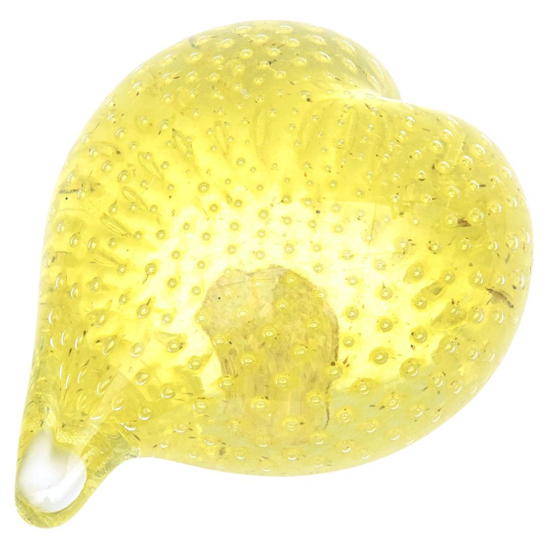 Murano Vintage Yellow Heart Glass With Bubbles Paperweight Desk Accessory