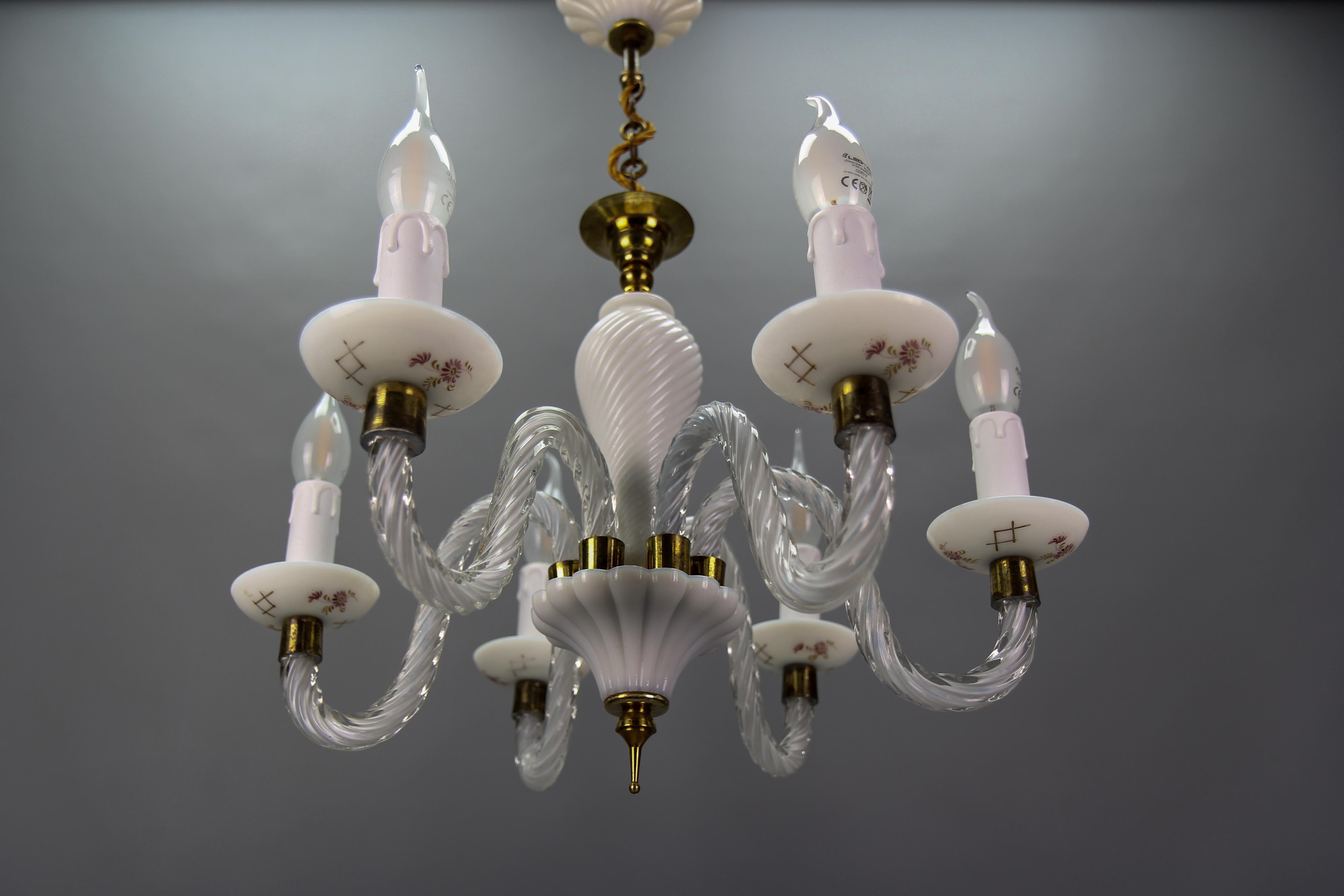 Italian Murano White Clear and Milk Glass Six-Arm Chandelier, 1950s For Sale 2