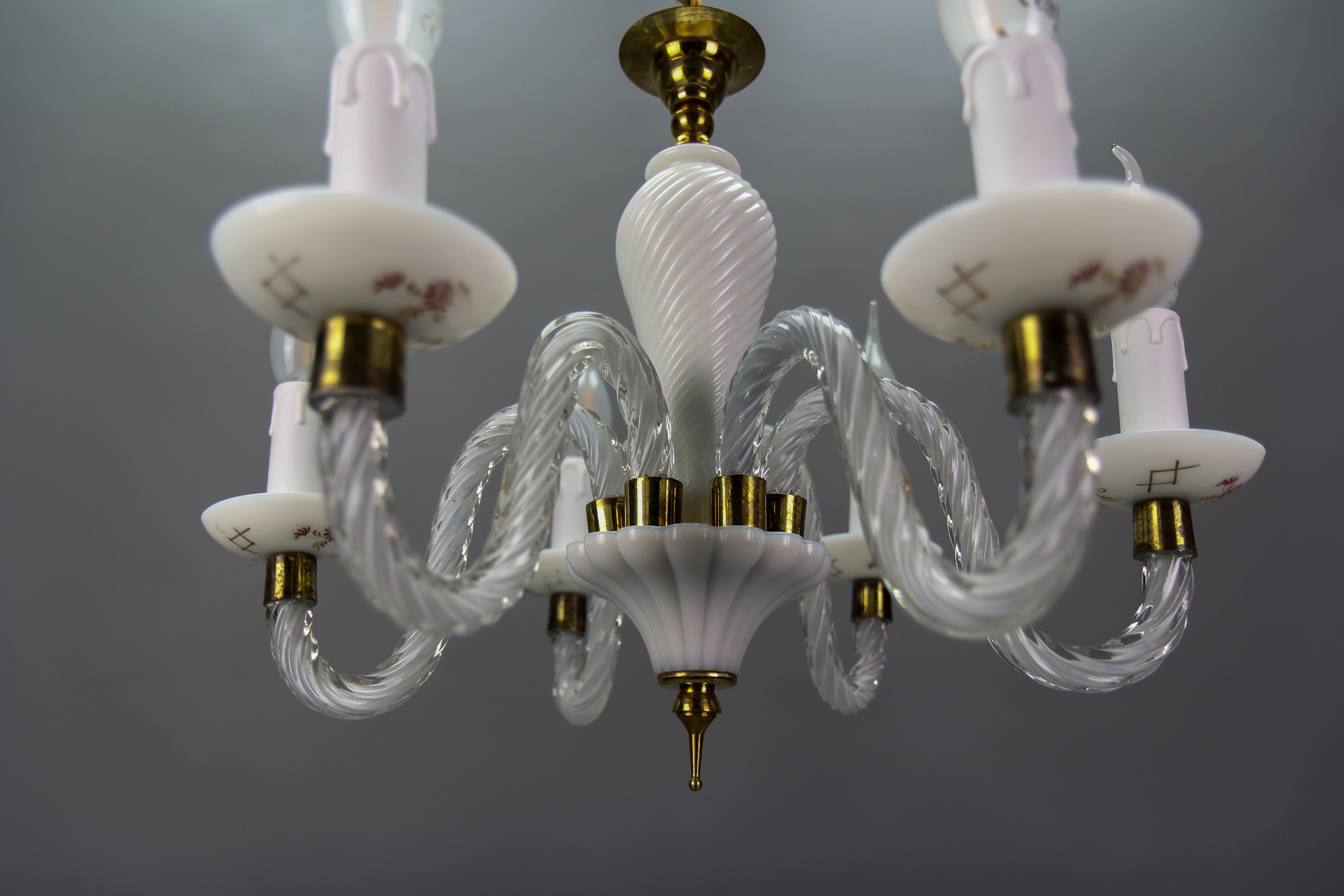 Italian Murano White Clear and Milk Glass Six-Arm Chandelier, 1950s For Sale 3