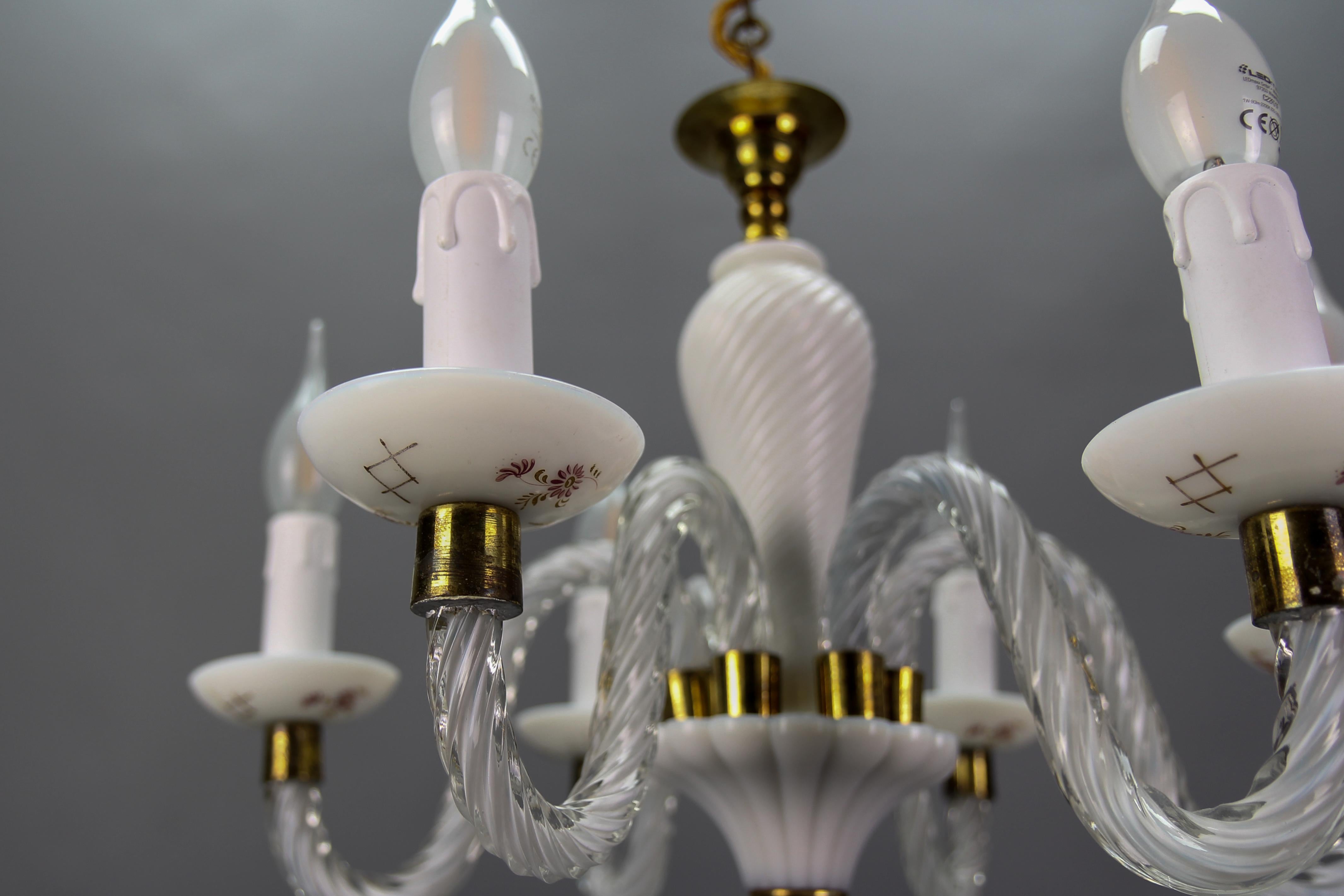 Italian Murano White Clear and Milk Glass Six-Arm Chandelier, 1950s For Sale 4