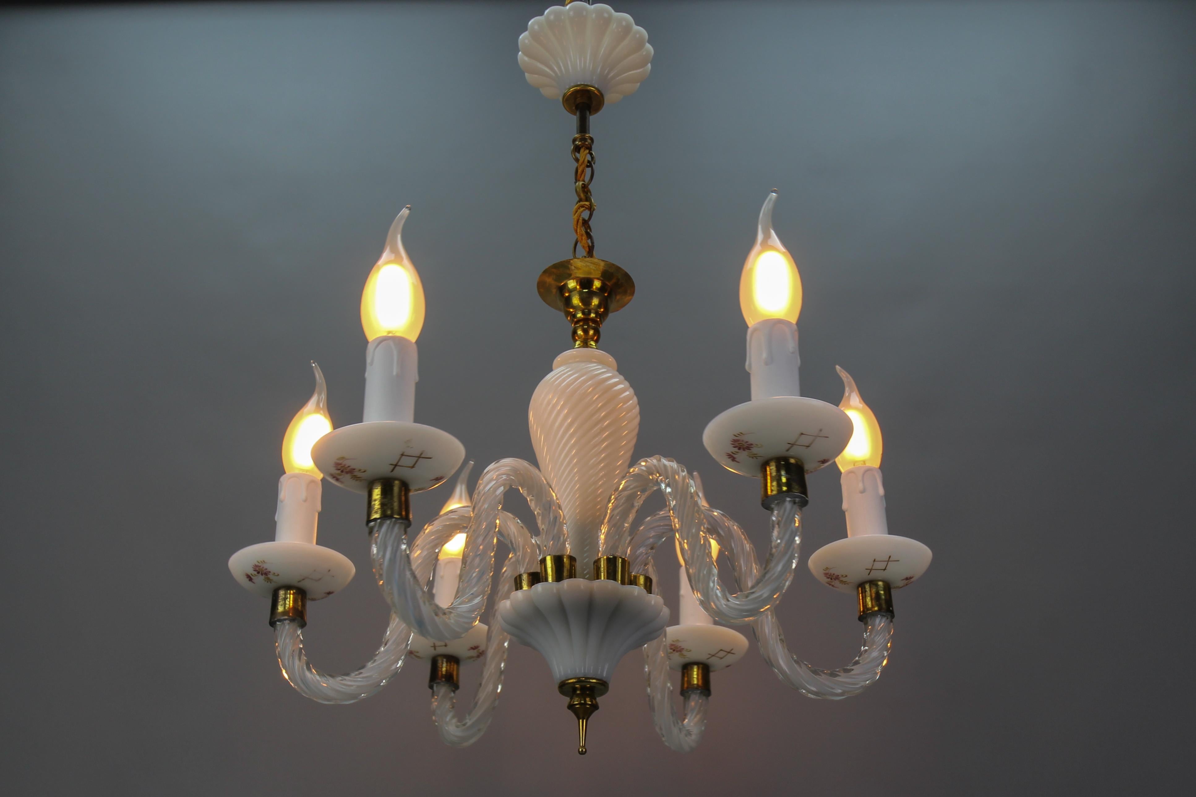 Italian Murano White Clear and Milk Glass Six-Arm Chandelier, 1950s For Sale 6