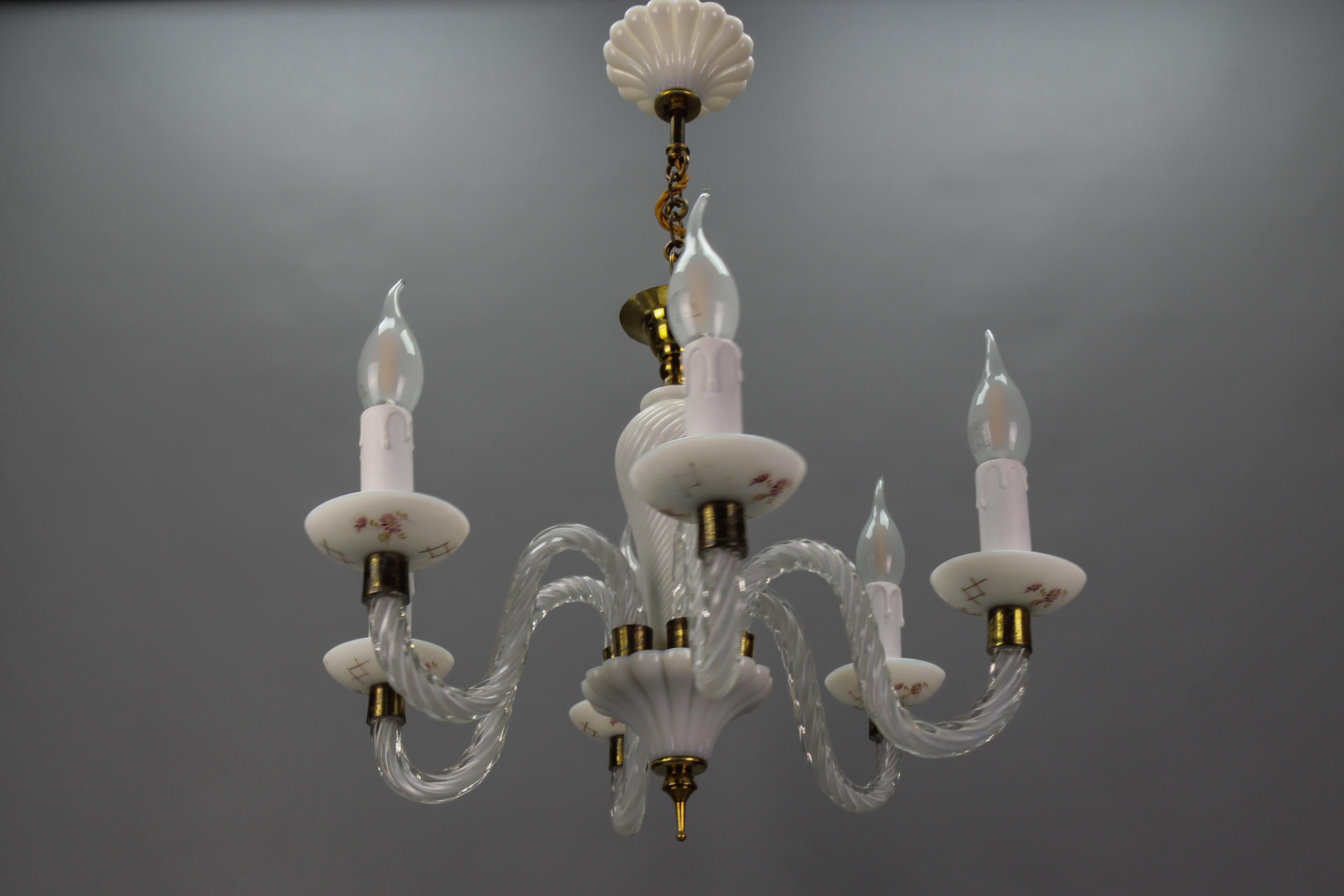 Italian Murano White Clear and Milk Glass Six-Arm Chandelier, 1950s For Sale 7
