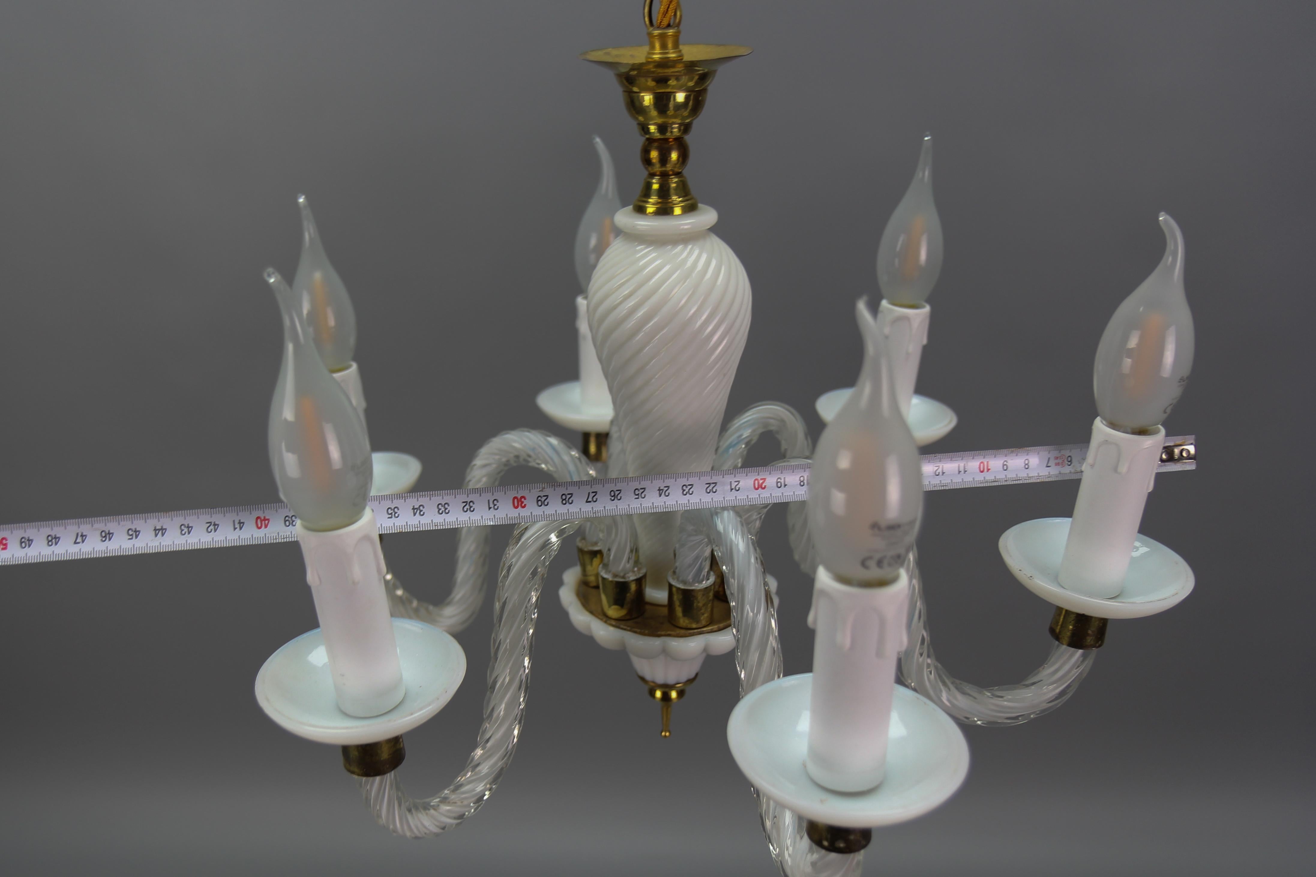 Italian Murano White Clear and Milk Glass Six-Arm Chandelier, 1950s For Sale 11