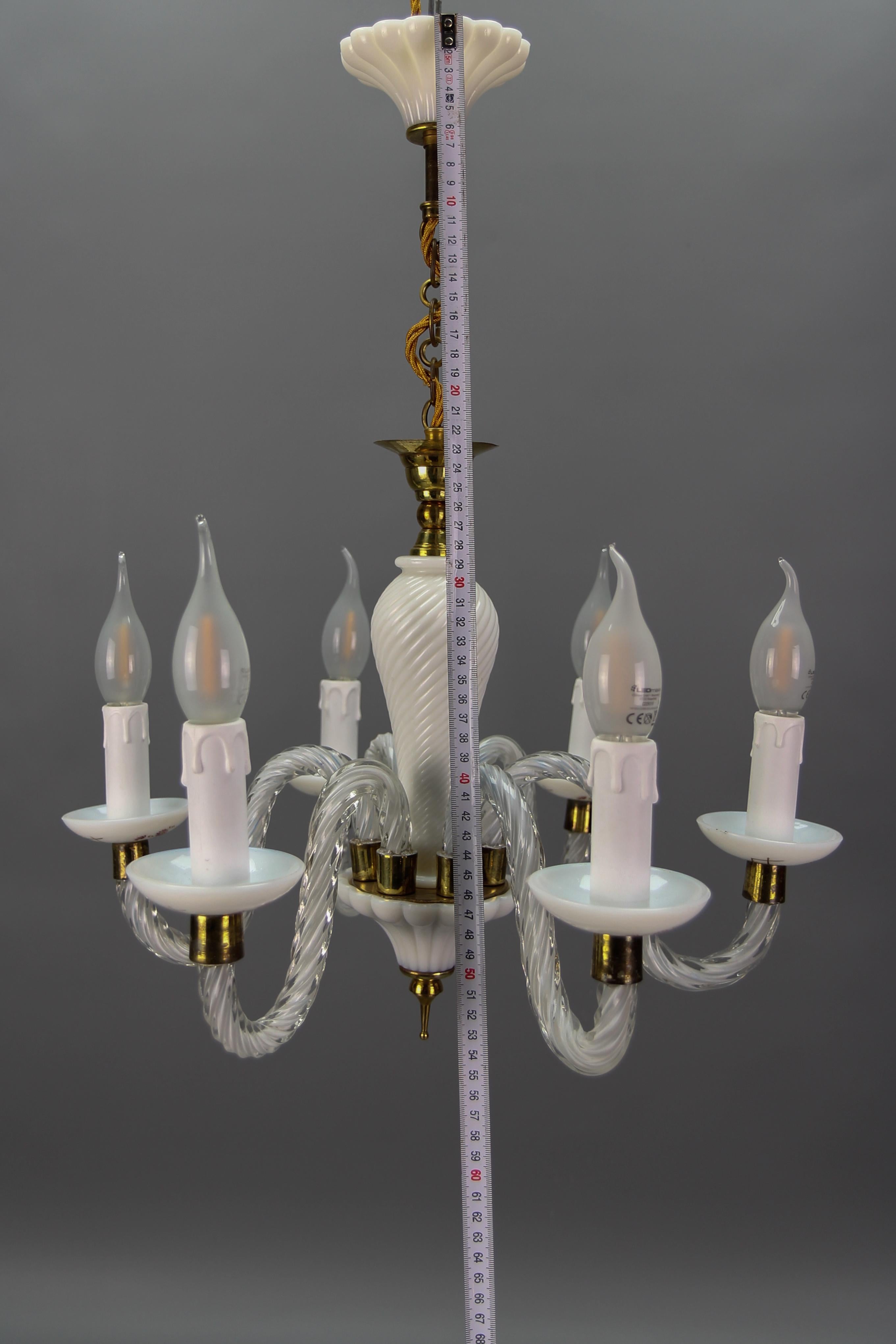 Italian Murano White Clear and Milk Glass Six-Arm Chandelier, 1950s For Sale 12
