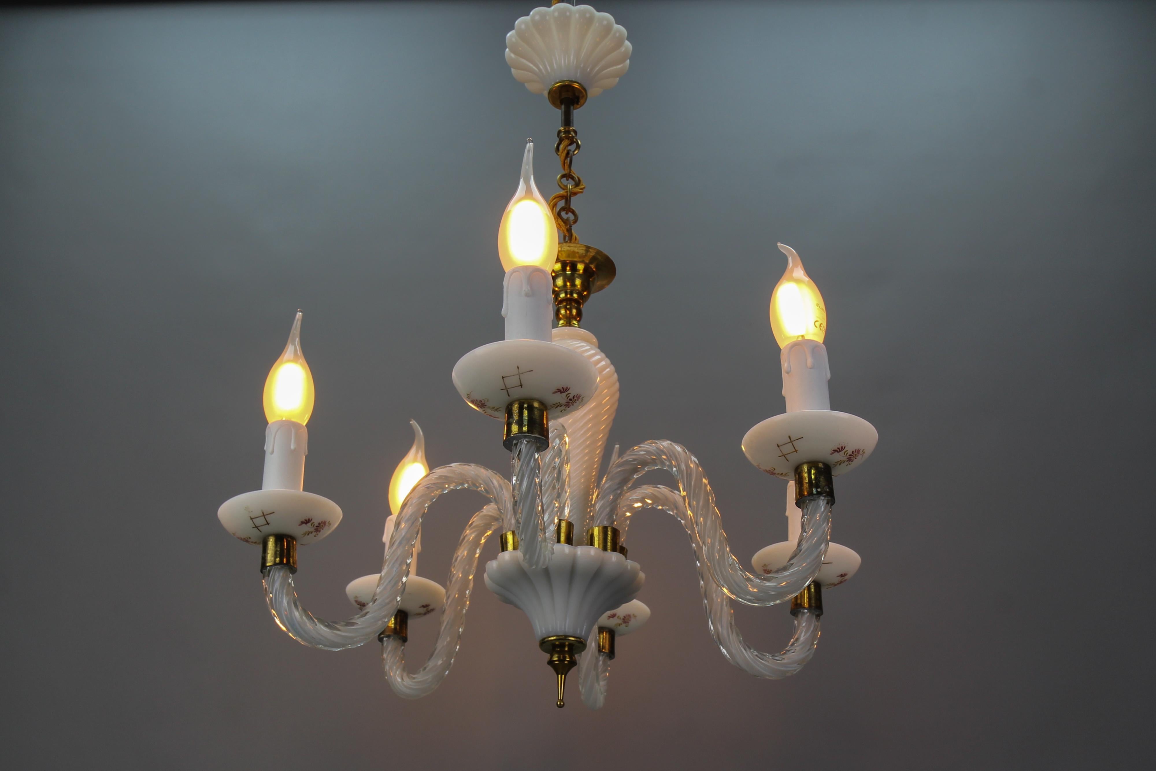Mid-Century Modern Italian Murano White Clear and Milk Glass Six-Arm Chandelier, 1950s For Sale