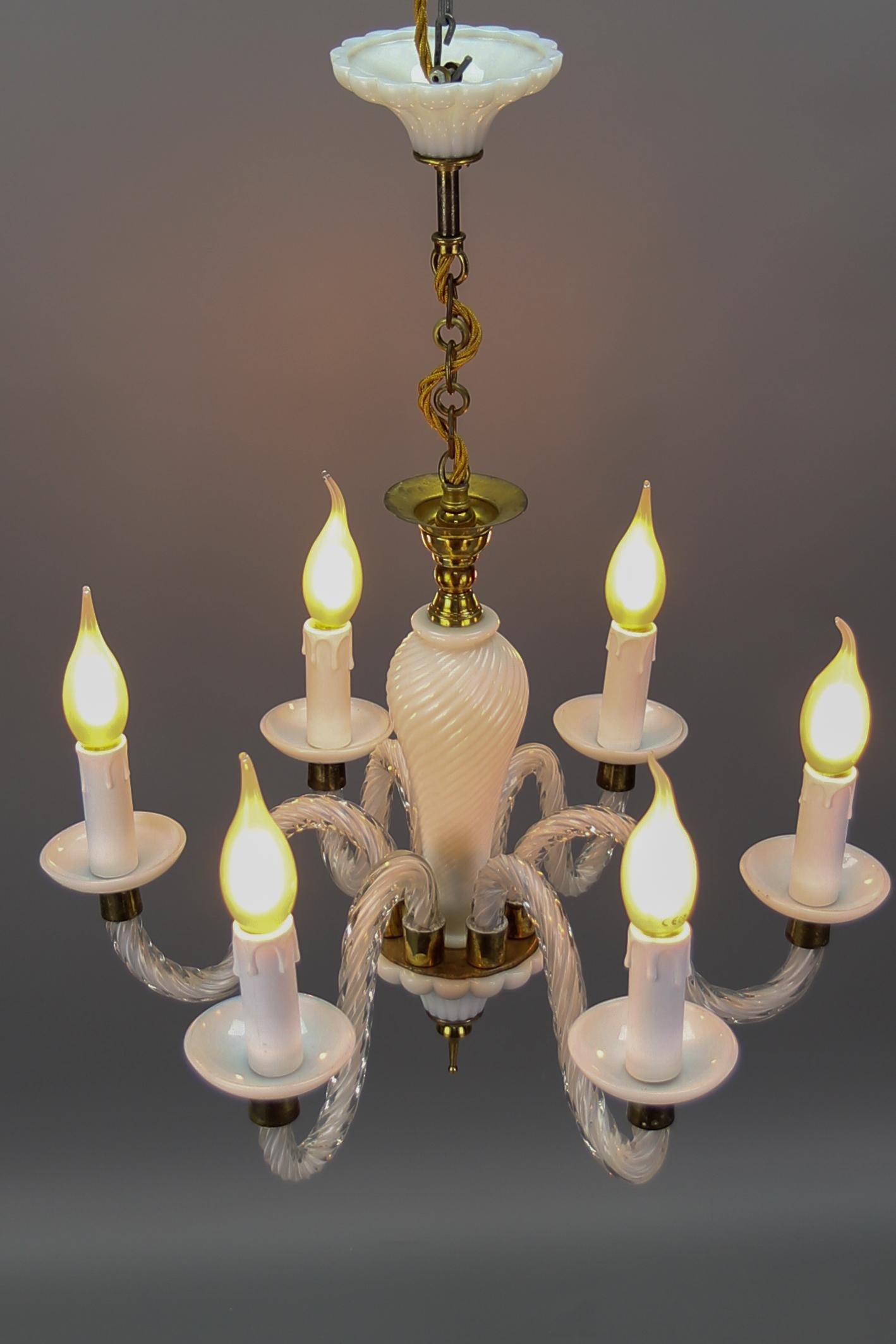 Mid-20th Century Italian Murano White Clear and Milk Glass Six-Arm Chandelier, 1950s For Sale