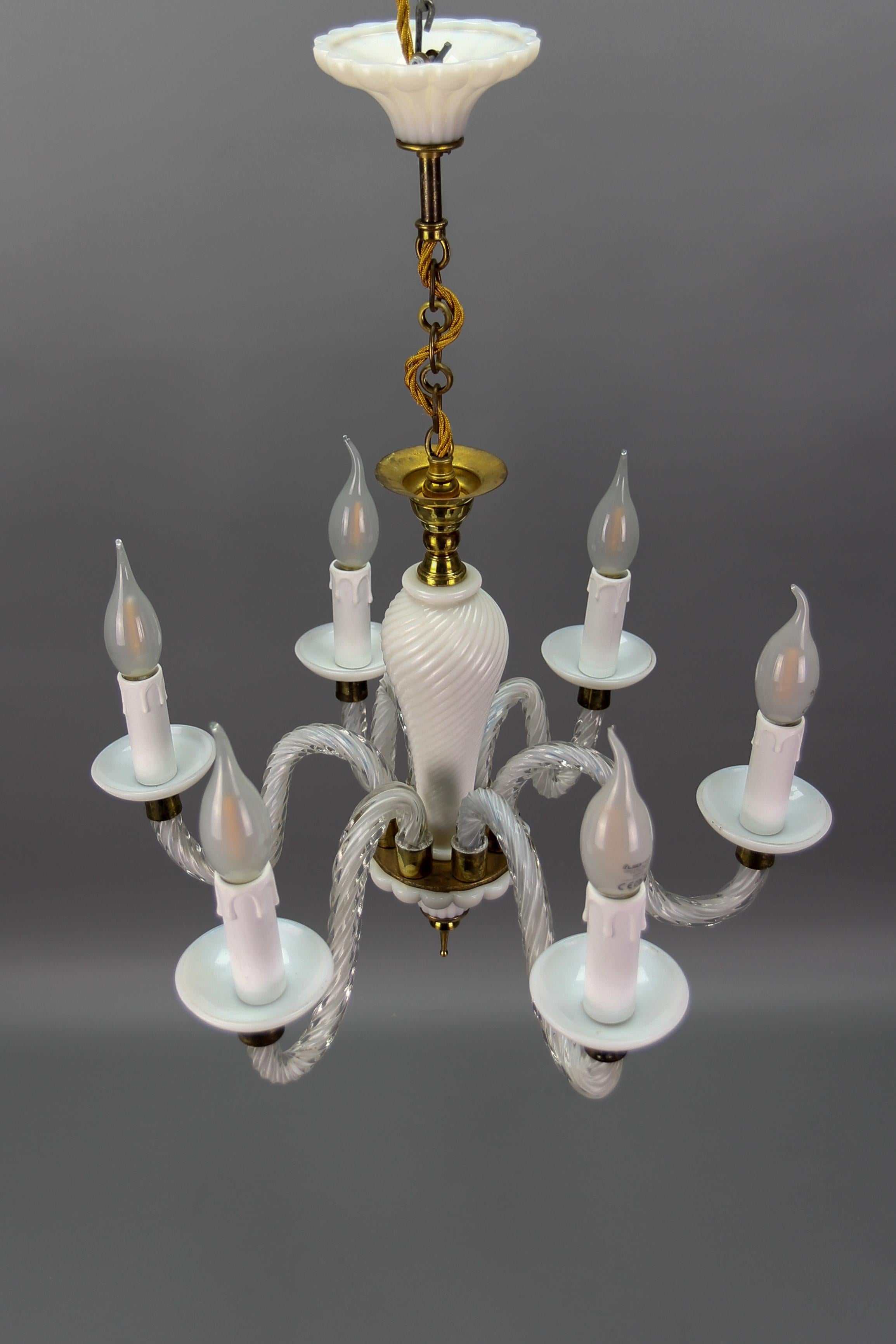 Brass Italian Murano White Clear and Milk Glass Six-Arm Chandelier, 1950s For Sale