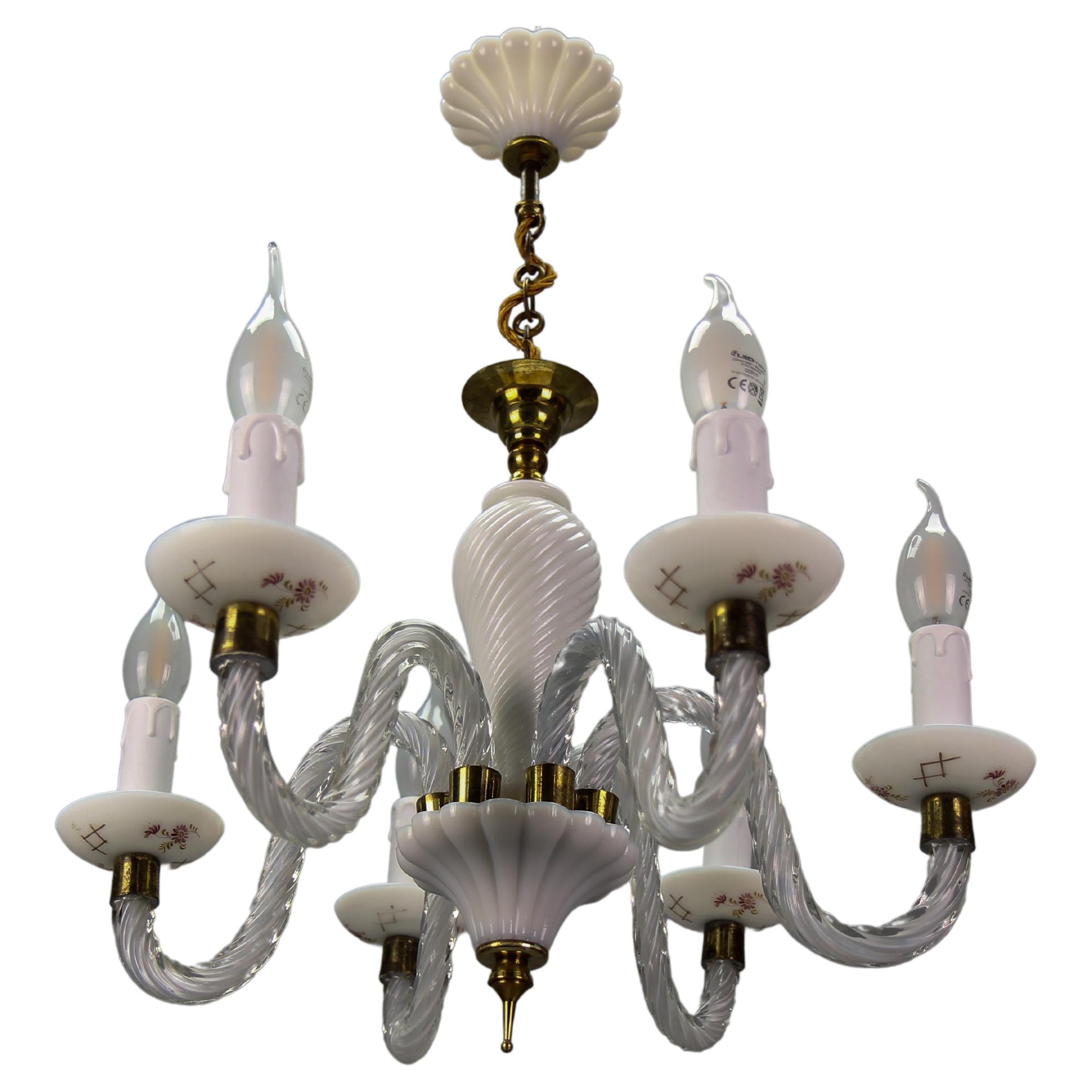 Italian Murano White Clear and Milk Glass Six-Arm Chandelier, 1950s For Sale