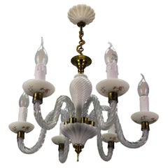 Italian Murano White Clear and Milk Glass Six-Arm Chandelier, 1950s