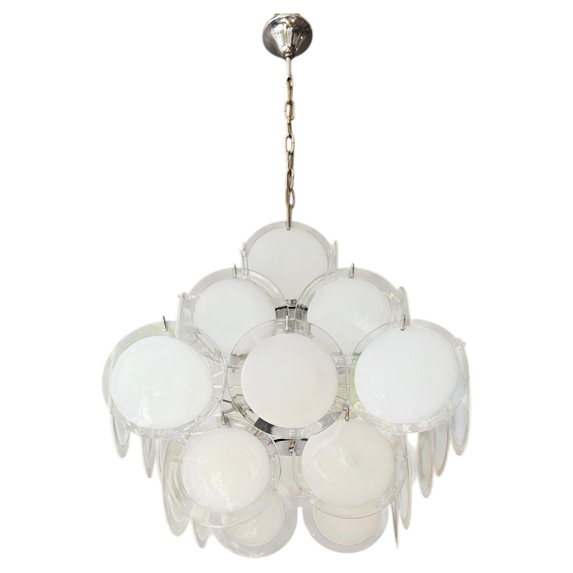 Italian Murano White Opaline Glass Disc Chandelier Attributed to Carlo Nason