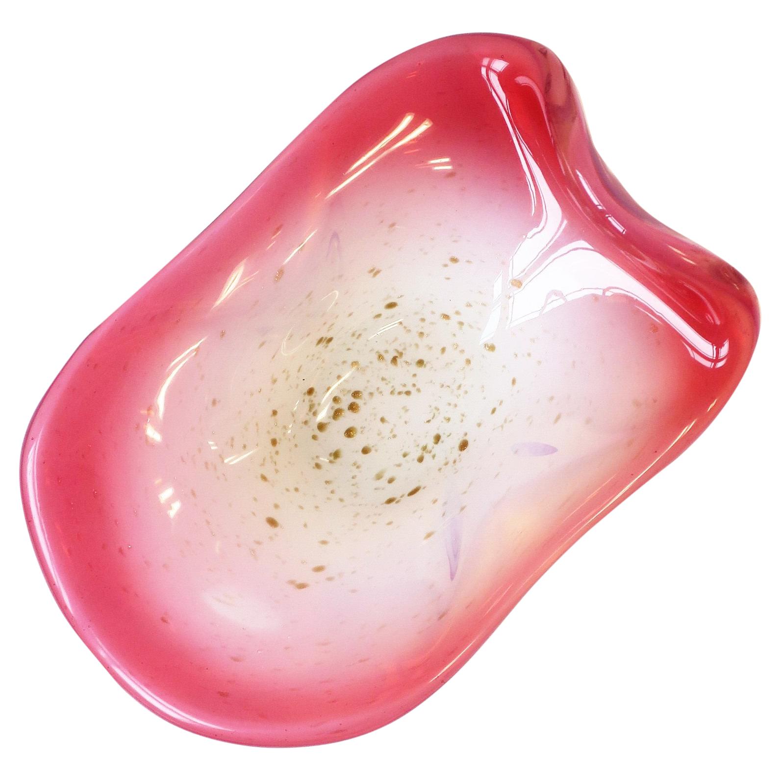Italian Murano White Opaline, Pink and Gold Art Glass Bowl by Fratelli Toso Co.