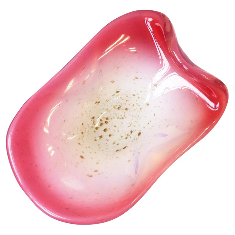 Italian Murano White Opaline, Pink and Gold Art Glass Bowl by Fratelli Toso Co. For Sale