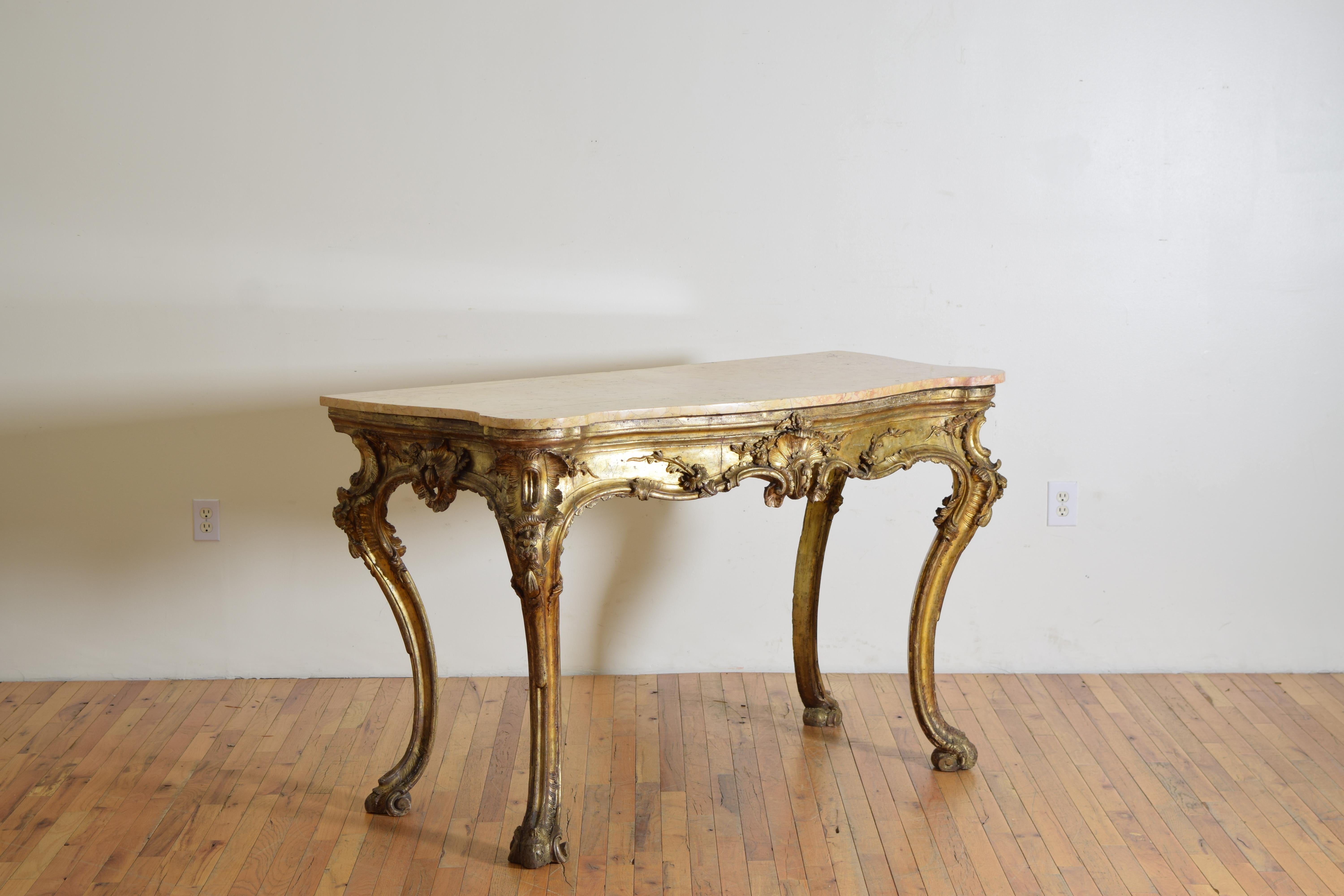 Silvered Italian, Naples, Louis XIV Period Carved Mecca-Wood Marble Top Console, ca. 1715 For Sale