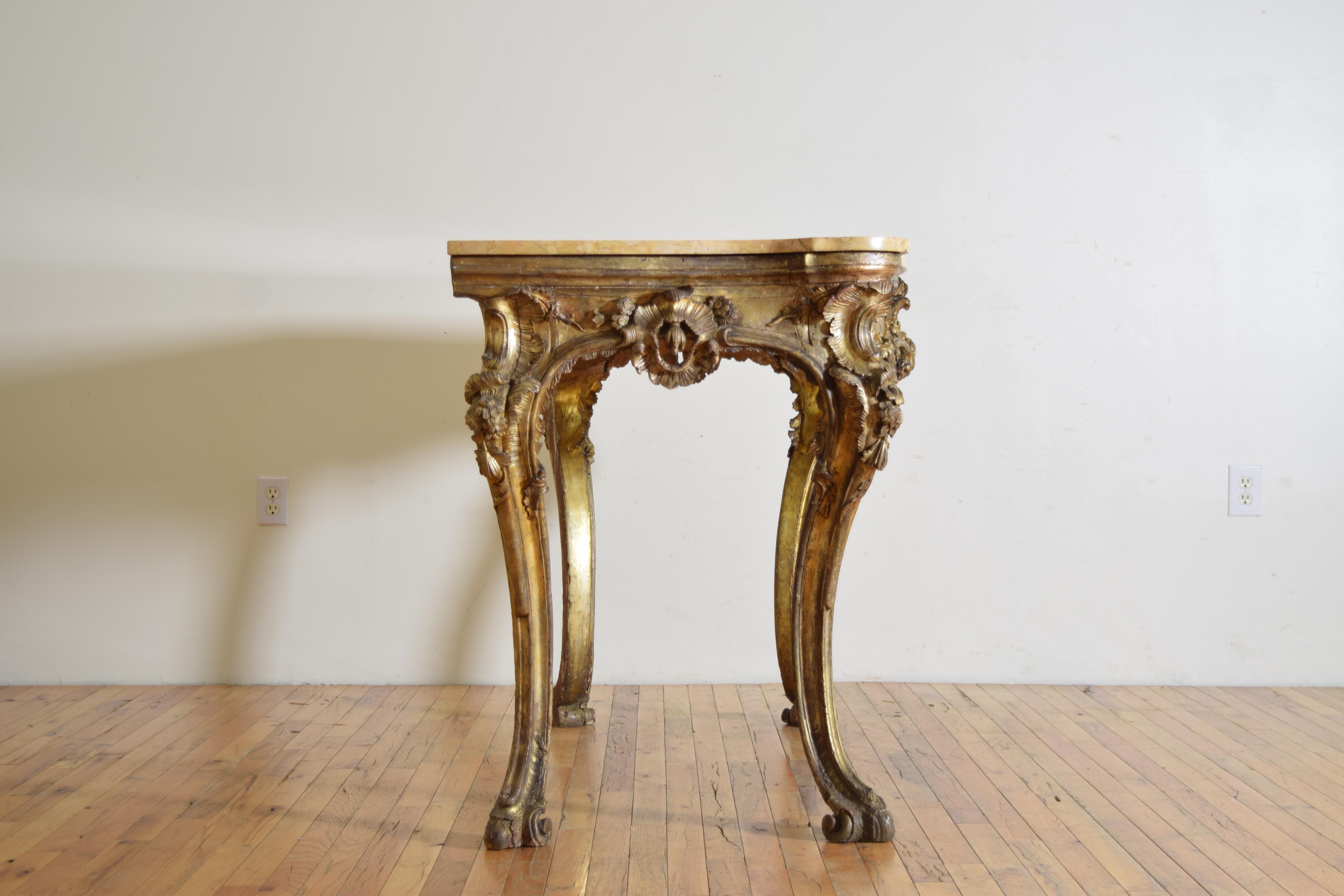 Early 18th Century Italian, Naples, Louis XIV Period Carved Mecca-Wood Marble Top Console, ca. 1715 For Sale