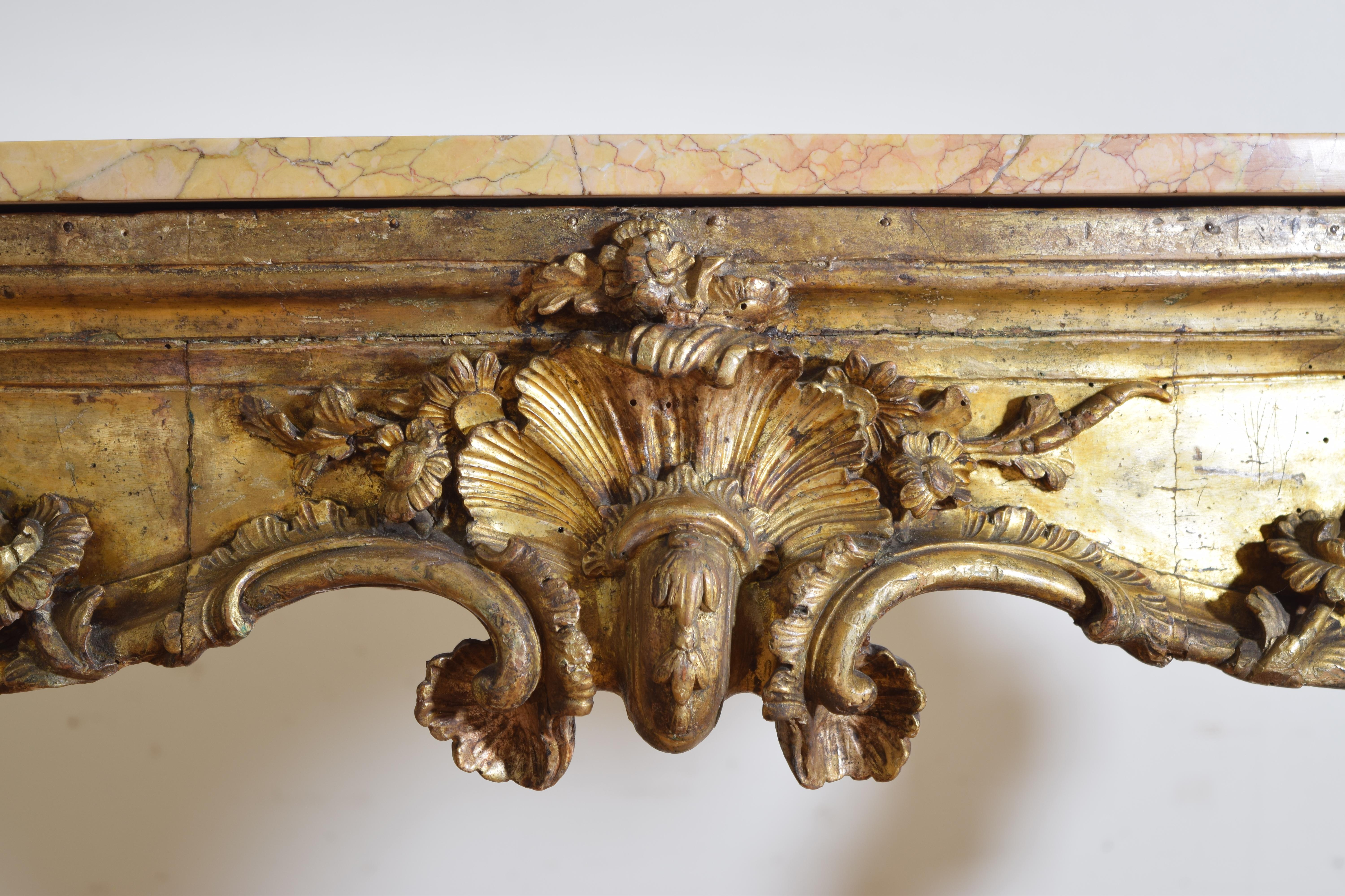 Pine Italian, Naples, Louis XIV Period Carved Mecca-Wood Marble Top Console, ca. 1715 For Sale