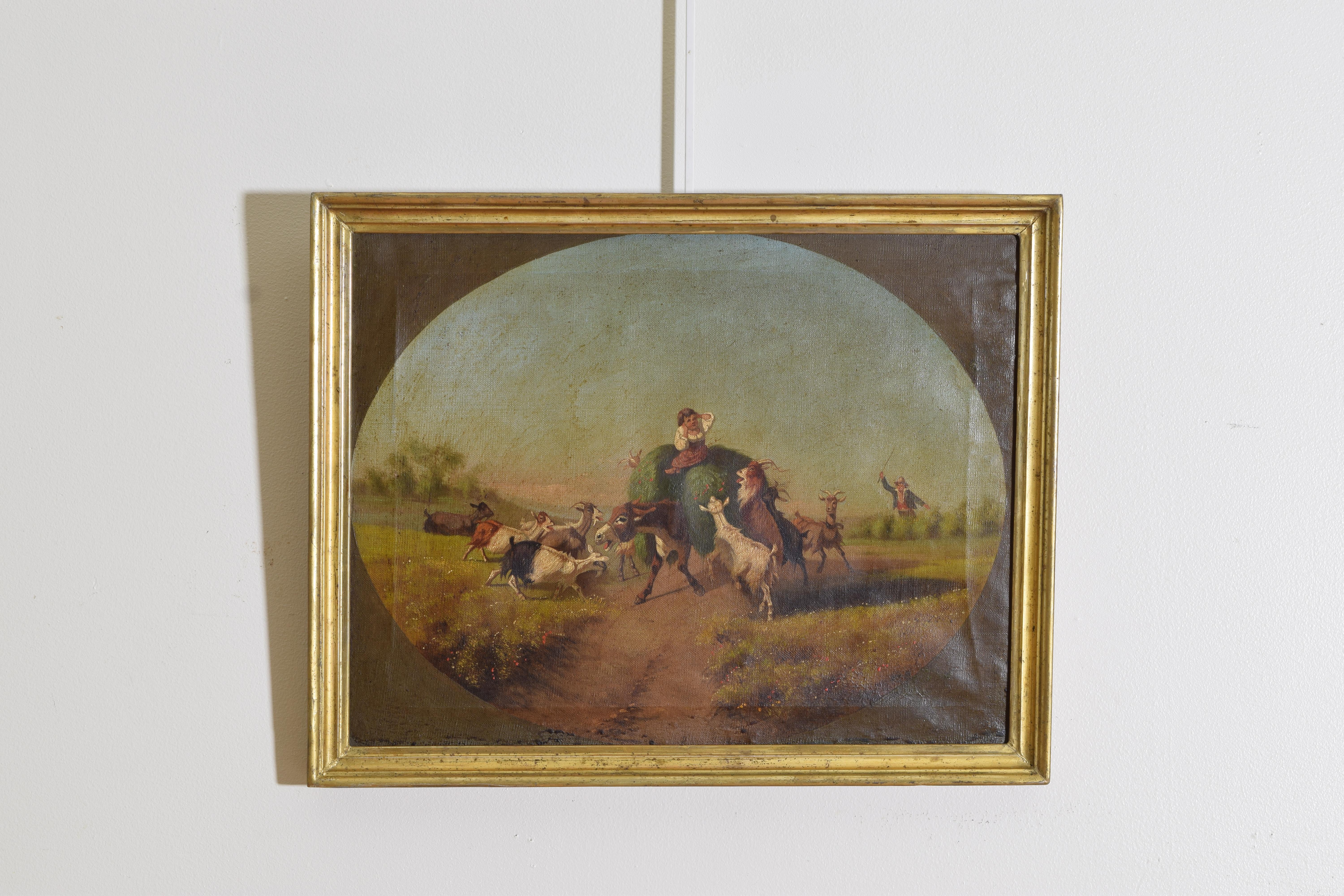 Painted on an oval ground within a rectangular canvas, the corners painted black, depicting a woman atop a haycart being wildly pulled by a donkey being harassed by a gang of unruly goats with a farmer giving chase, if you want action you got