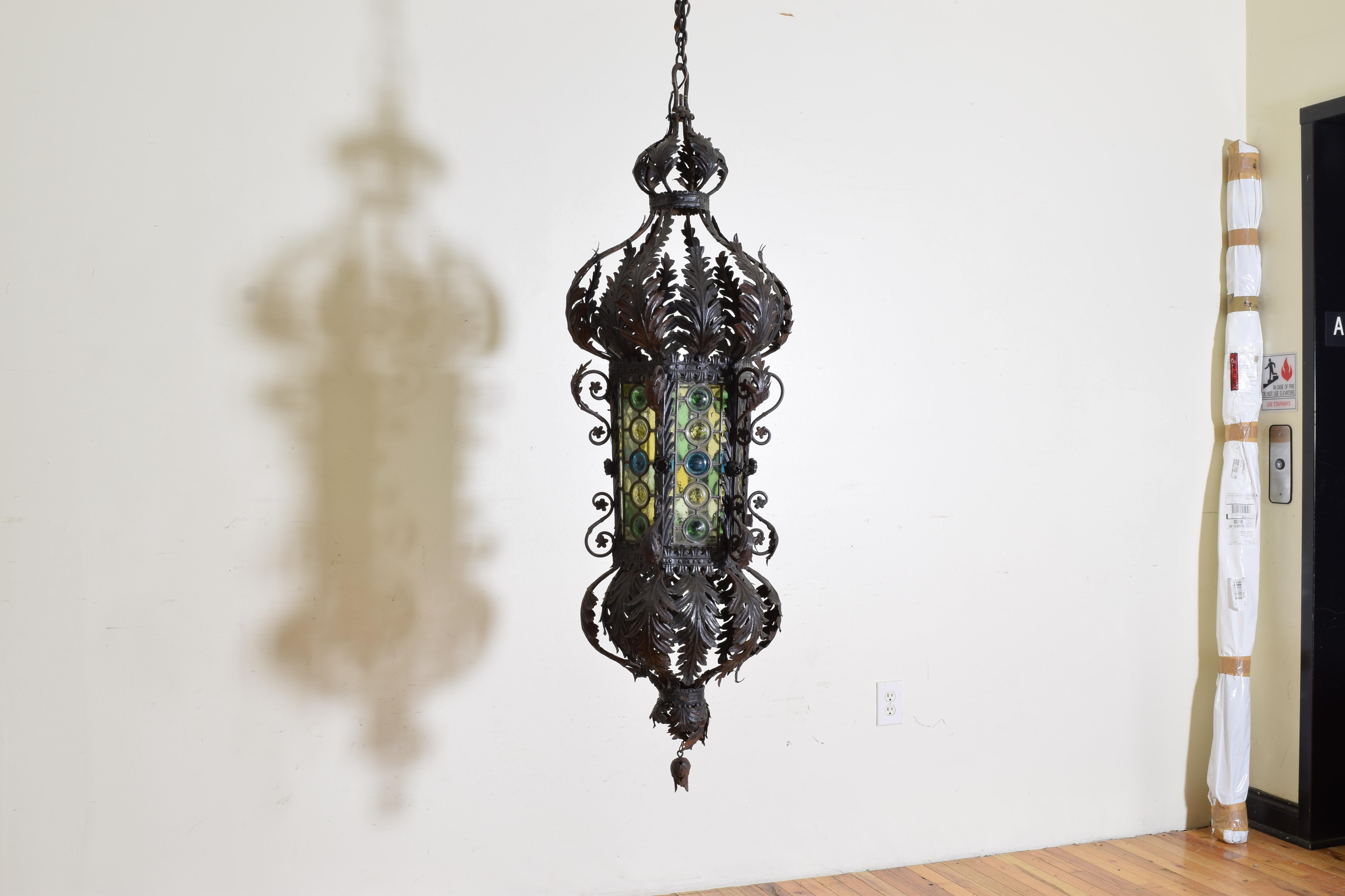 Baroque Italian, Napoli, Large Wrought Iron, Metal & Leaded Glass Lantern, ca. 1900