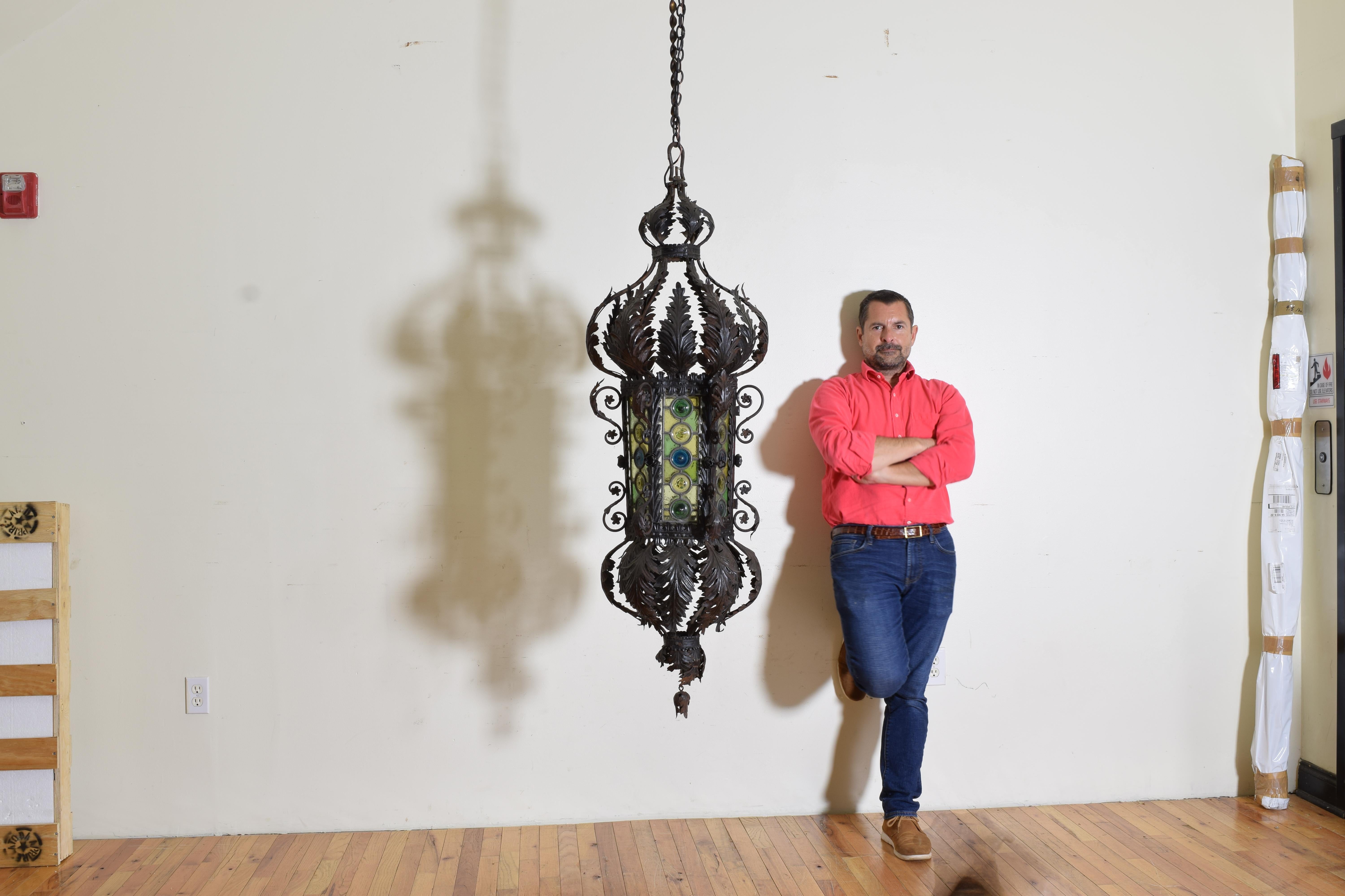 Italian, Napoli, Large Wrought Iron, Metal & Leaded Glass Lantern, ca. 1900 In Good Condition In Atlanta, GA