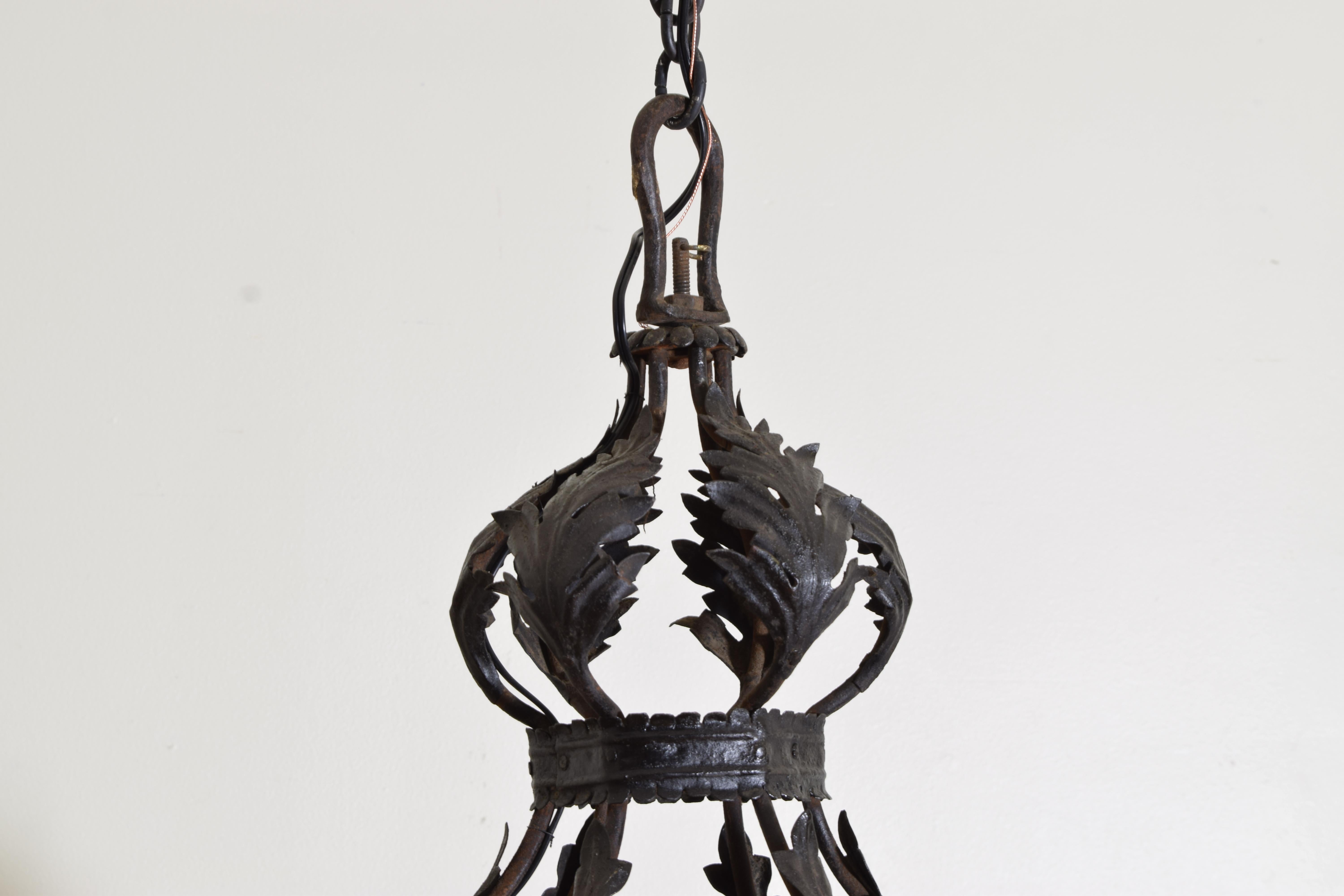 Early 20th Century Italian, Napoli, Large Wrought Iron, Metal & Leaded Glass Lantern, ca. 1900