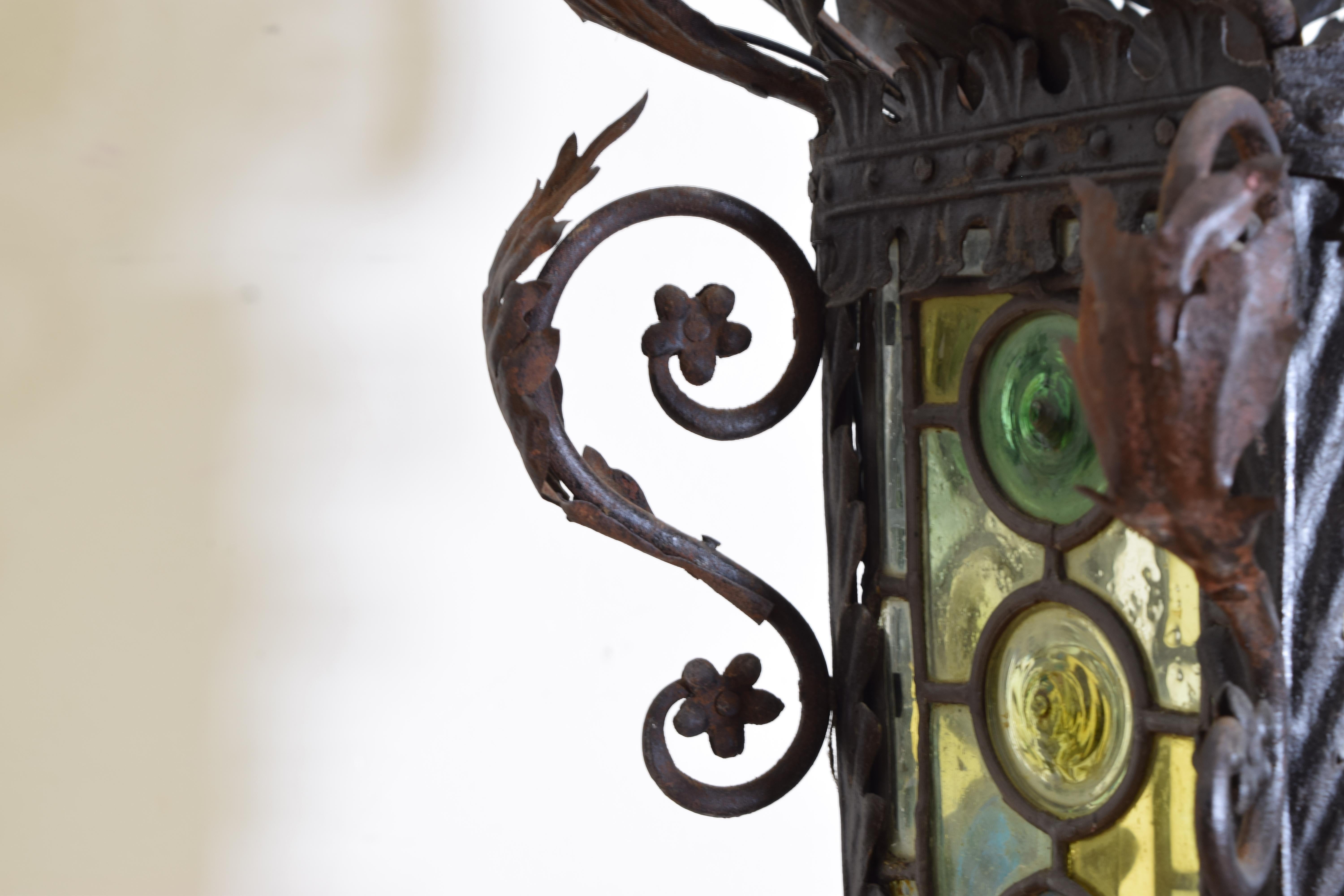 Italian, Napoli, Large Wrought Iron, Metal & Leaded Glass Lantern, ca. 1900 1