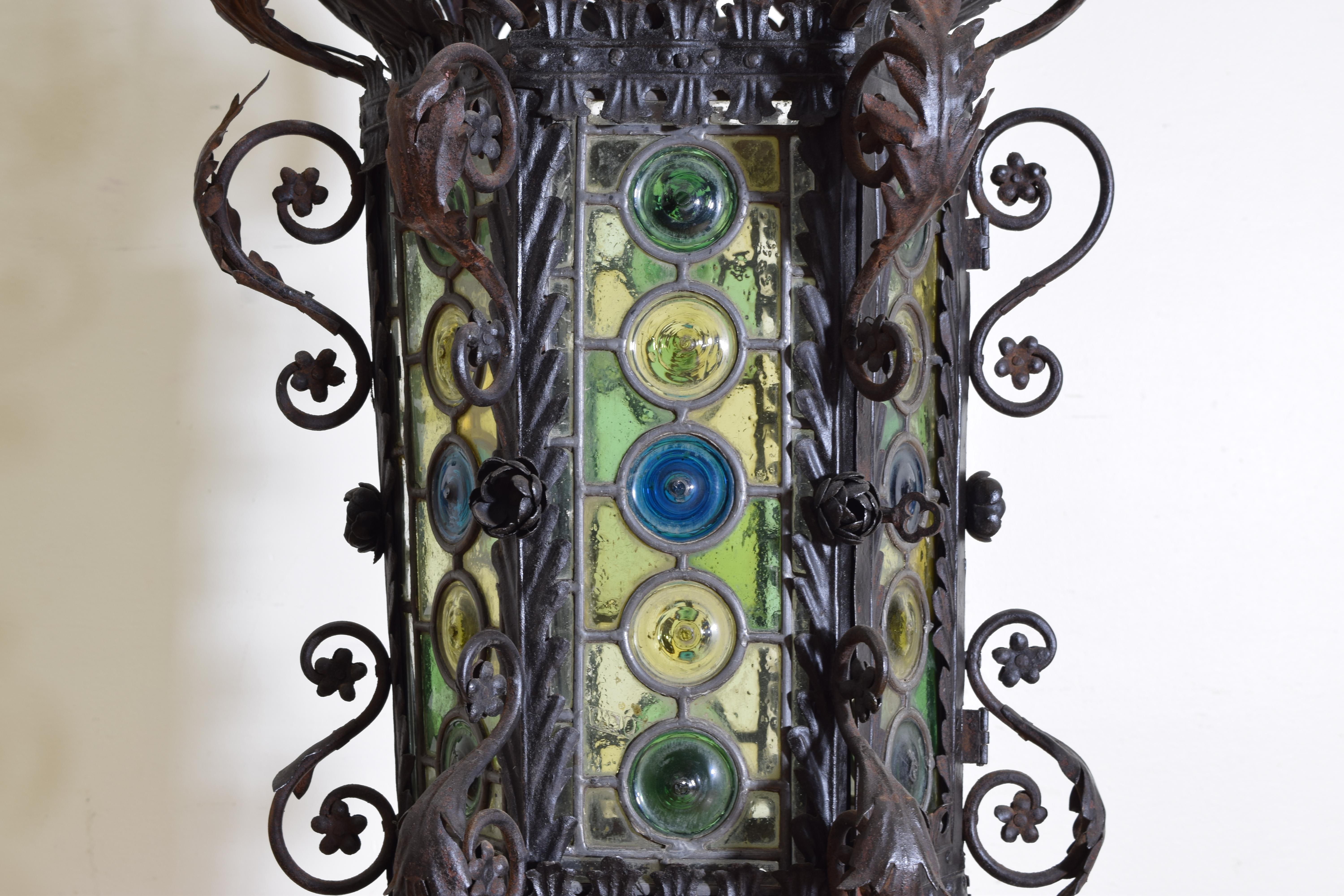 Italian, Napoli, Large Wrought Iron, Metal & Leaded Glass Lantern, ca. 1900 2