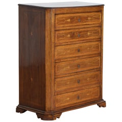 Italian, Napoli, Late Neoclassic Walnut and Inlaid Tall 6-Drawer Commode
