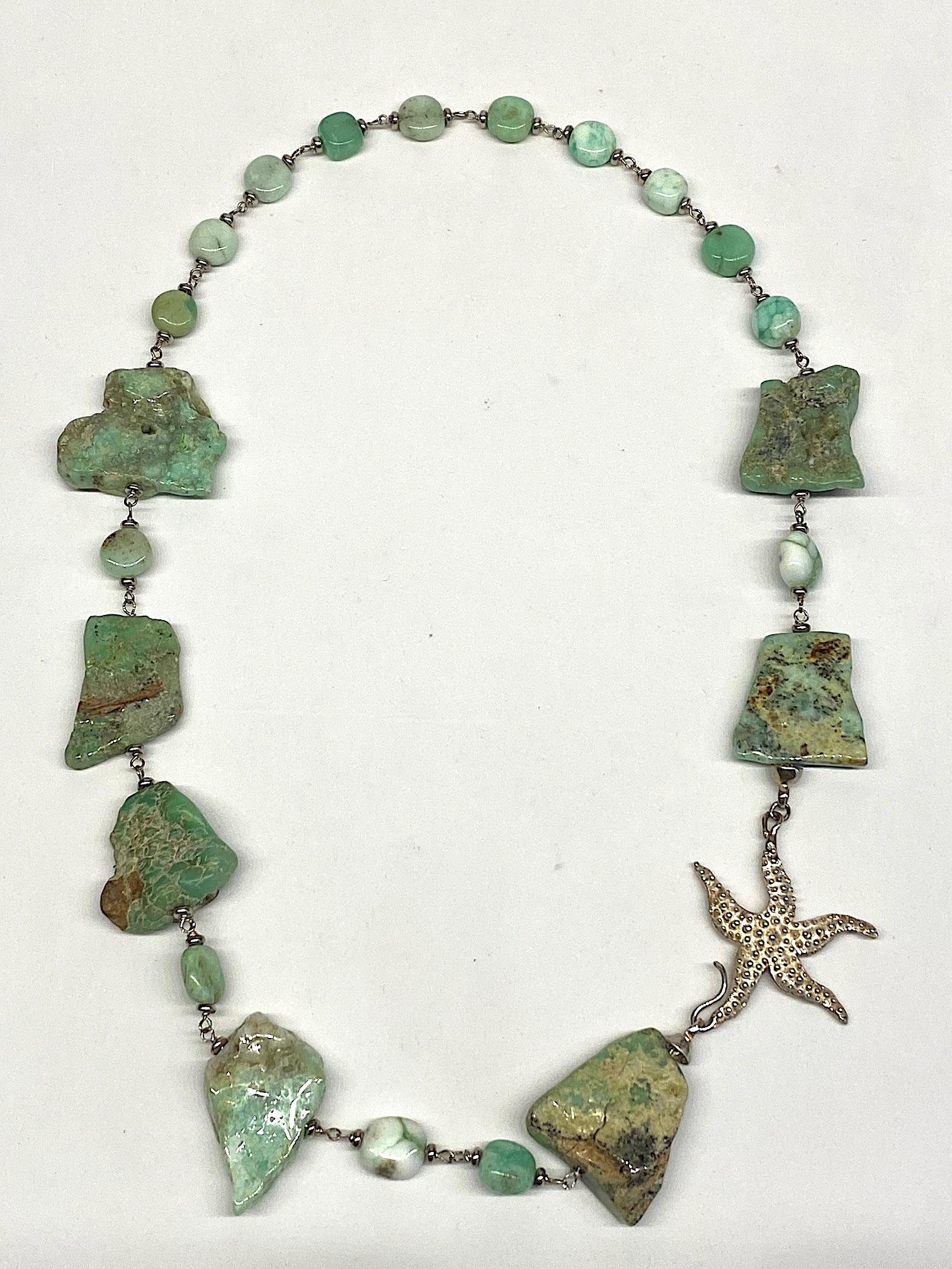 An artisan made necklace purchased in Italy and comprised of six large chunks of polished natural aquamarine stones. The stones range approximately in size 1.25 inches wide and long and .5 of an inch deep to 1.5 inches wide, 1.63 inches long and .38