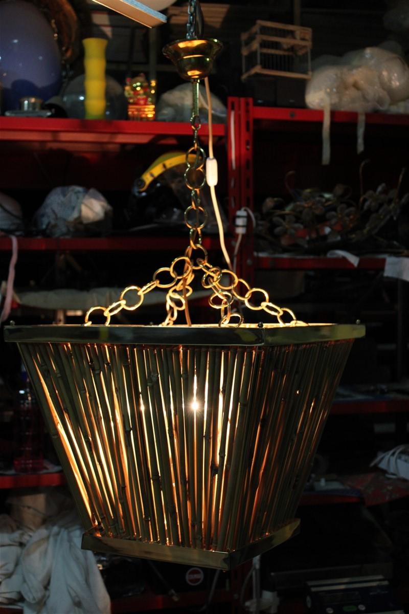 Italian Naturalistic Lantern Chandelier 1970s Bamboo Brass Gold Crespi style  For Sale 12