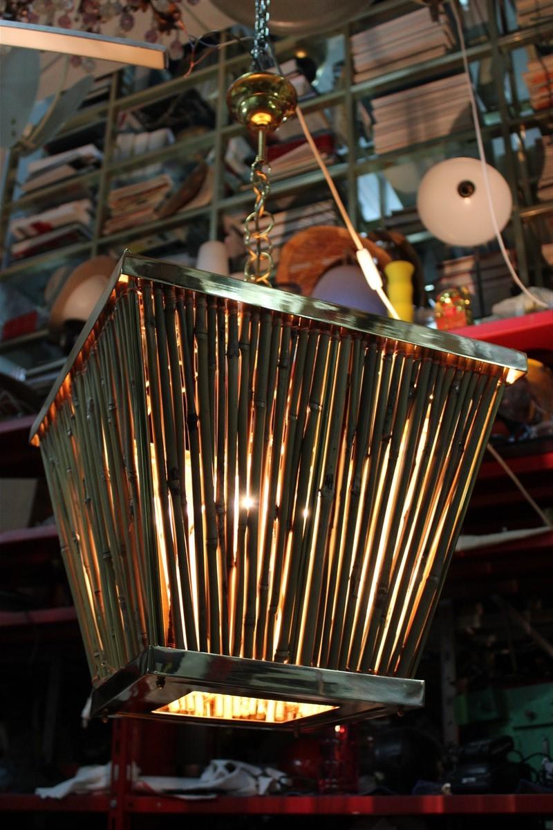 Italian Naturalistic Lantern Chandelier 1970s Bamboo Brass Gold Crespi style For Sale 13