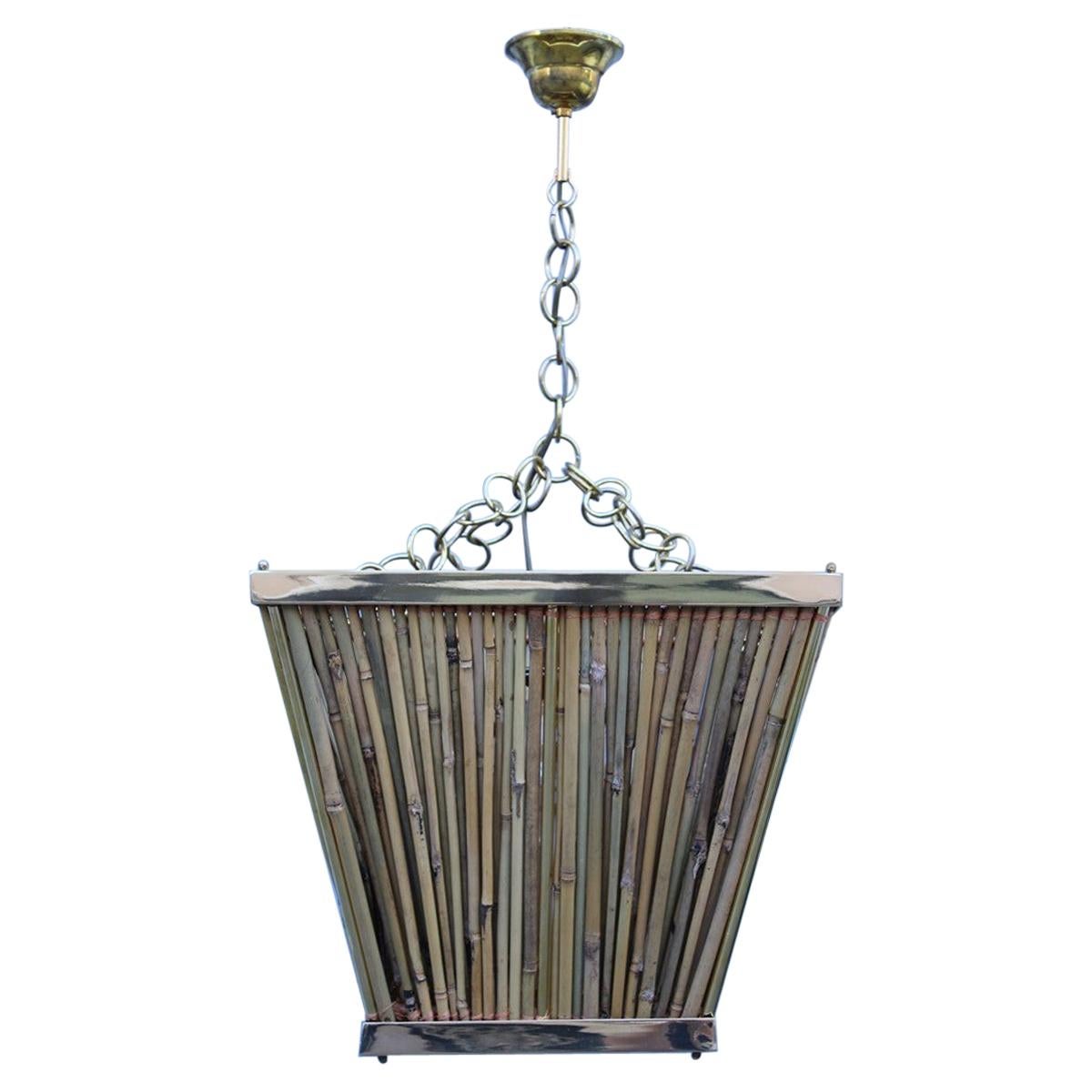 Italian Naturalistic Lantern Chandelier 1970s Bamboo Brass Gold Crespi style  For Sale