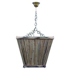 Lampadario a lanterna naturalistico italiano anni '70 in bambù, ottone, oro, stile Crespi