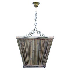 Vintage Italian Naturalistic Lantern Chandelier 1970s Bamboo Brass Gold Crespi style 