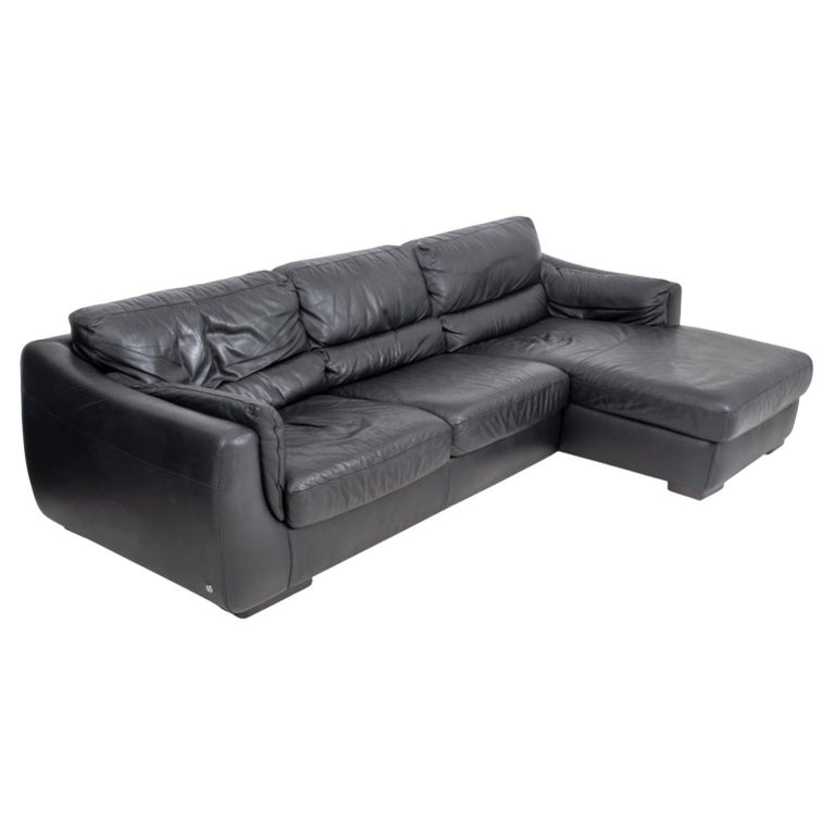 Italian Natuzzi Black Leather Sectional Sofa For Sale at 1stDibs