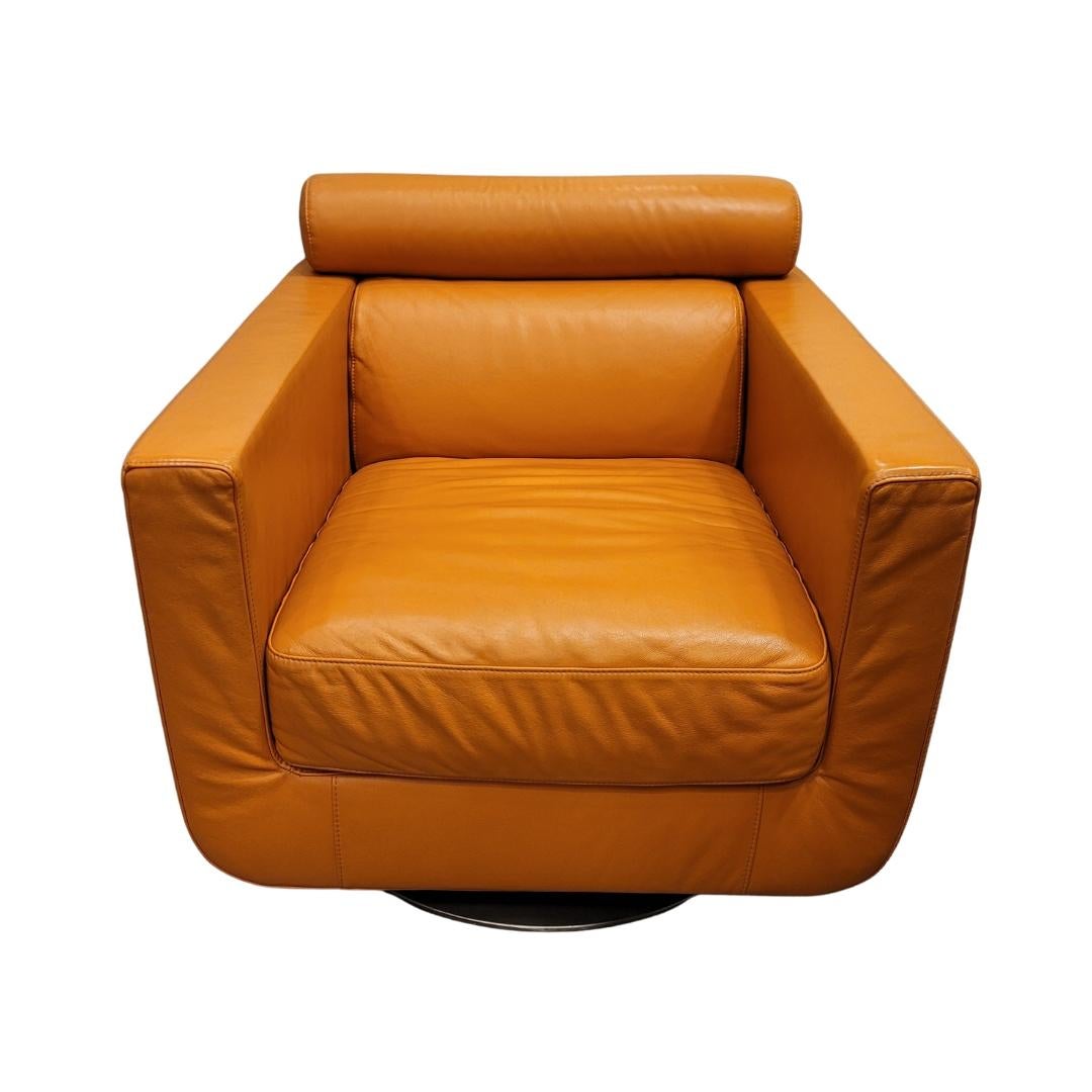 Italian Natuzzi Orange “Suad” swivel armchair, orange leather For Sale 12