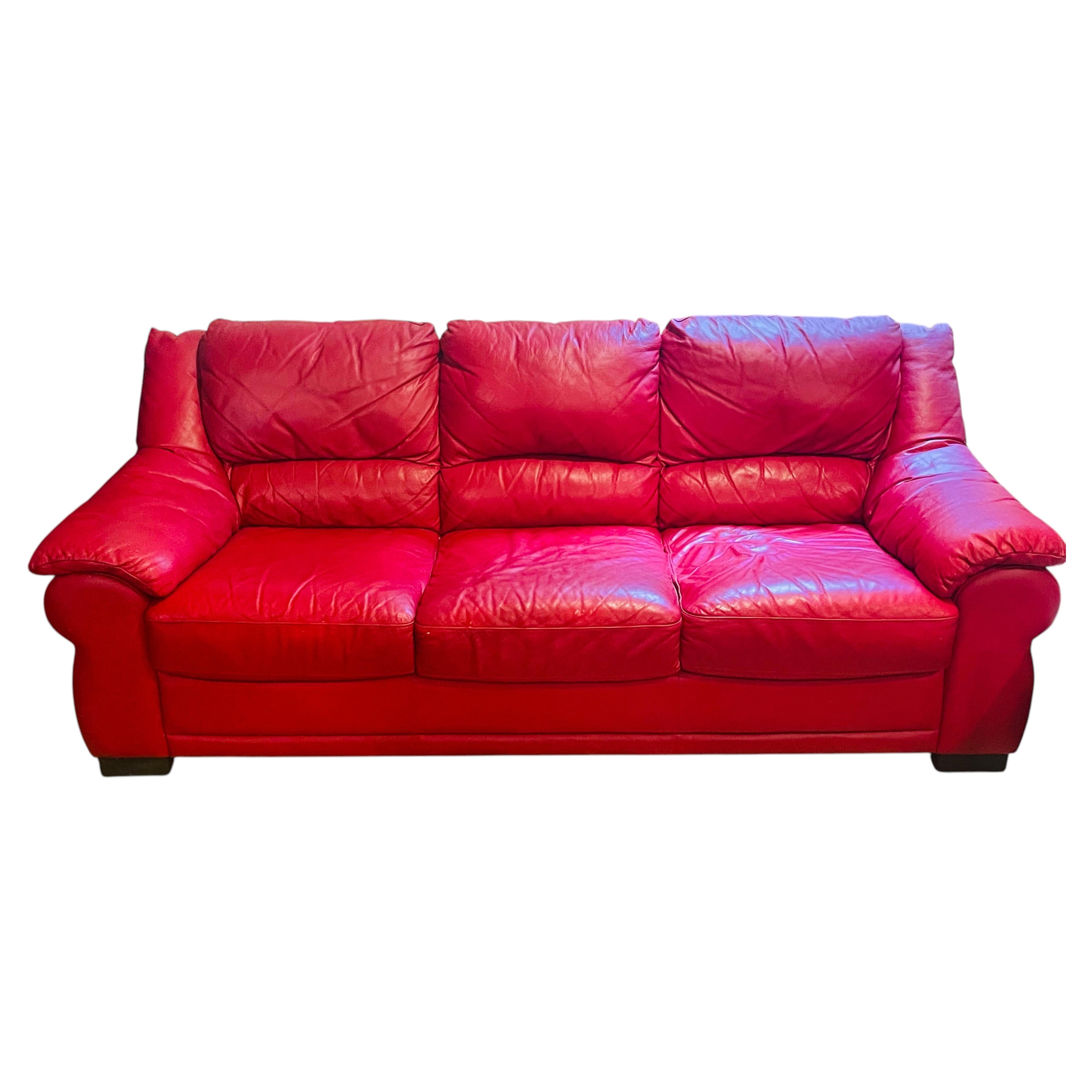 Italian Natuzzi Red Leather Threeseat Sofa