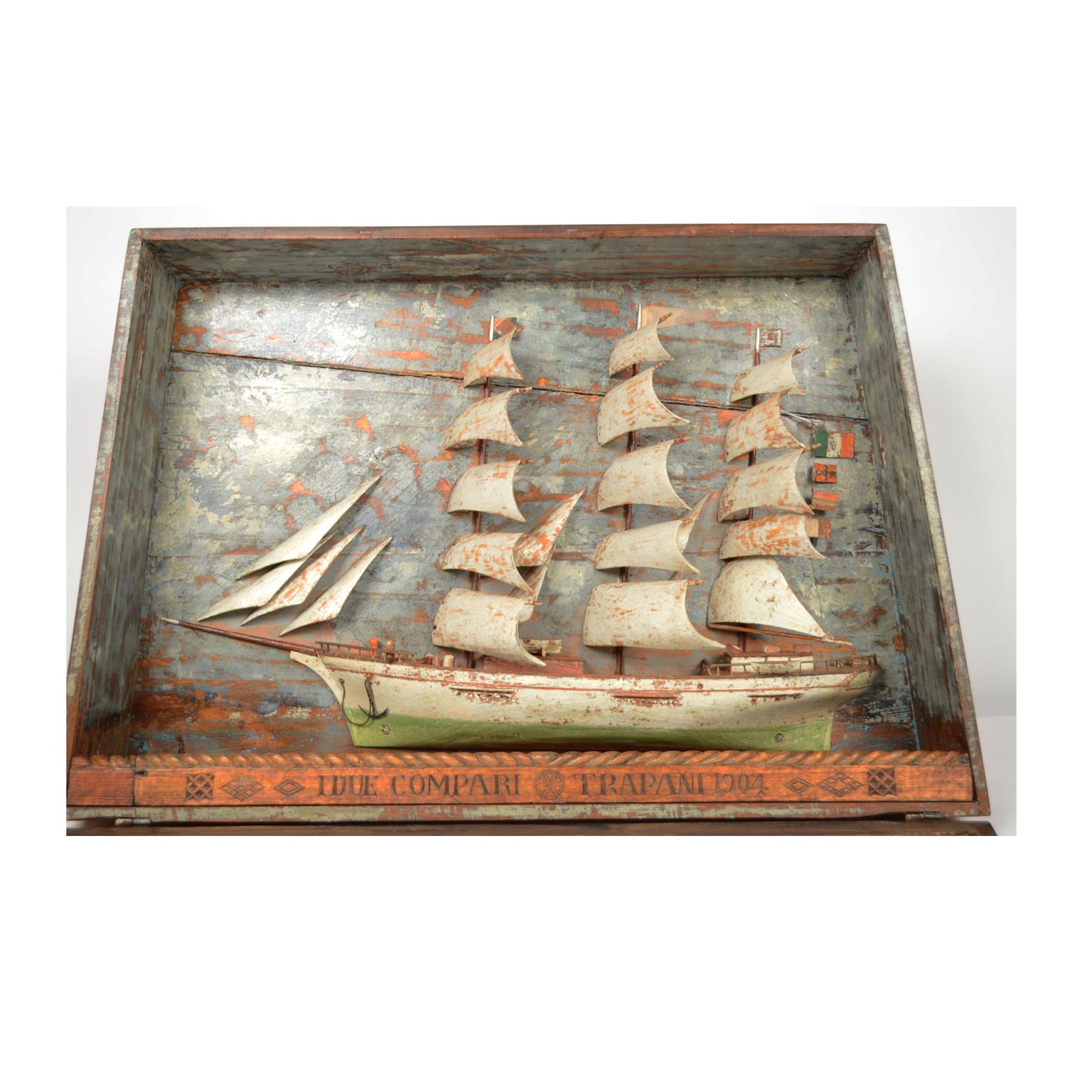 Italian Nautical Diorama Glass and Wood, 1904 1