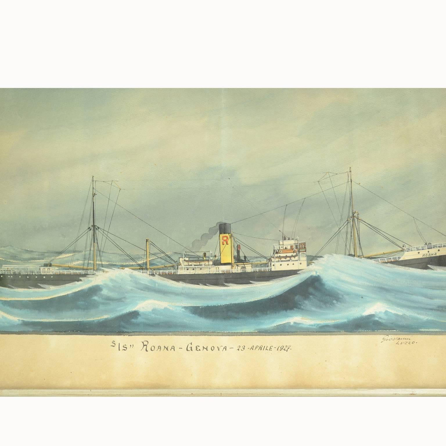 Nautical ex voto, votive painting, tempera on cardboard, made by the marine painter Giovanni Luzzo, depicting the steamship Roana in trouble among the waves. Under the painting it is written S / S Roana Genoa April 23 1927. Coeval frame in good