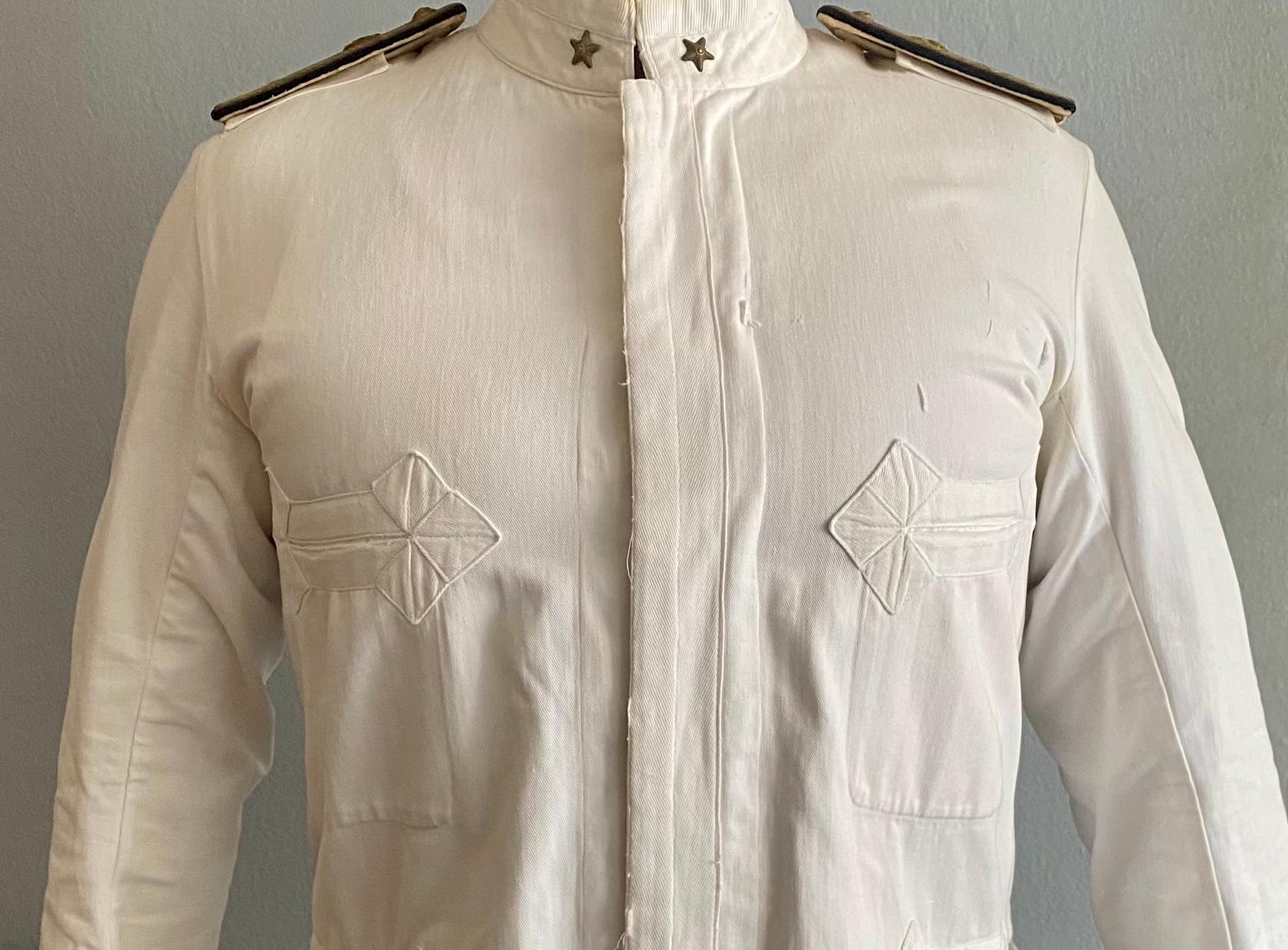Italian Naval jacket. Fabulous summer at home dinner jacket. Vintage white cotton button front jacket with multiple stitched darts, brass star detailing at collar, and removable cotton, wool, card, and gold wire embroidered handwork with the Crown