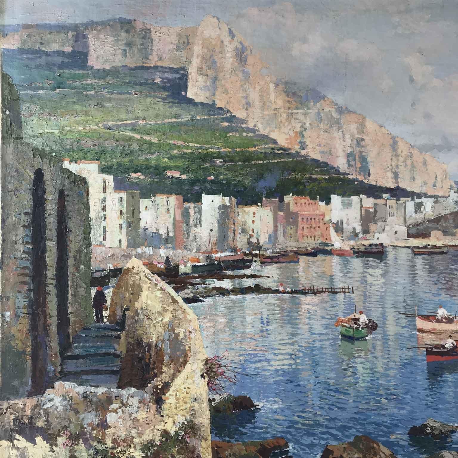 Italian Coastal Landscape oil on canvas work signed and dated lower left by the Italian artist Fausto Pratella 1920 Napoli.

Unframed, this Italian Neapolitan view, this bright marine landscape with fisherboats comes from a Milanese private