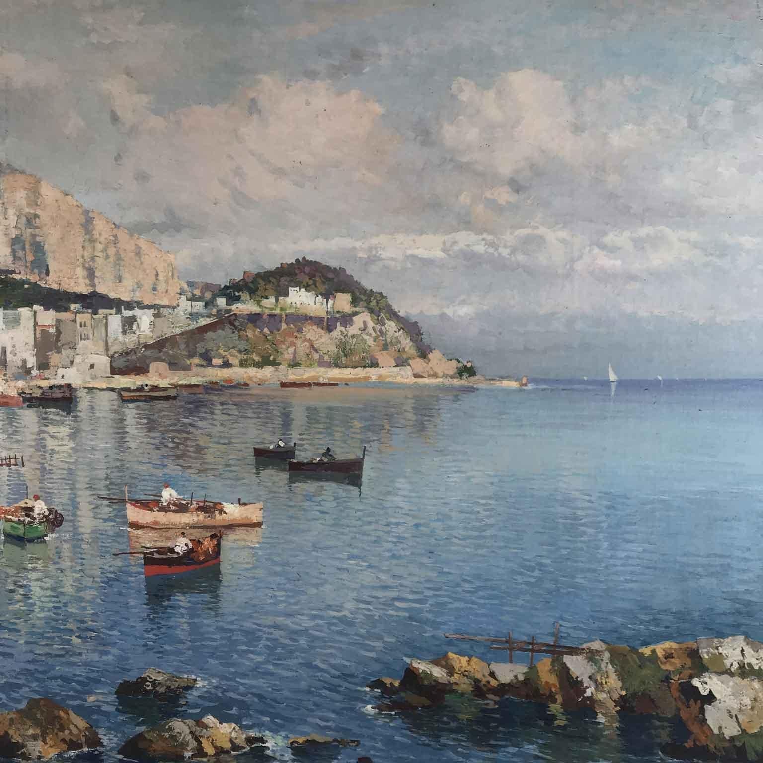 Hand-Painted Italian Neapolitan Coastal Marine Landscape by Fausto Pratella 1920 Napoli