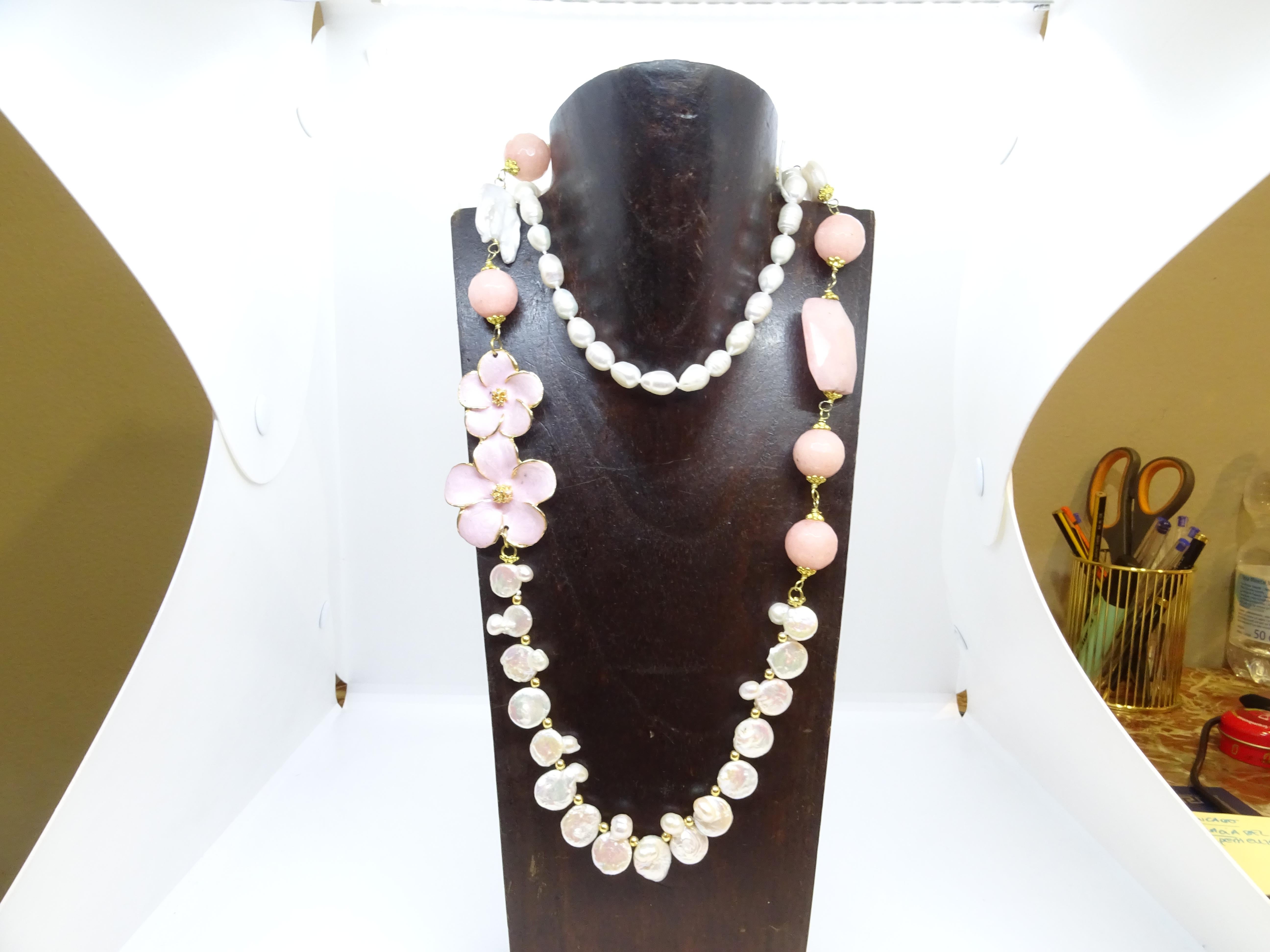 Italian necklace with baroque pearls, rose quartz and enamel For Sale 12