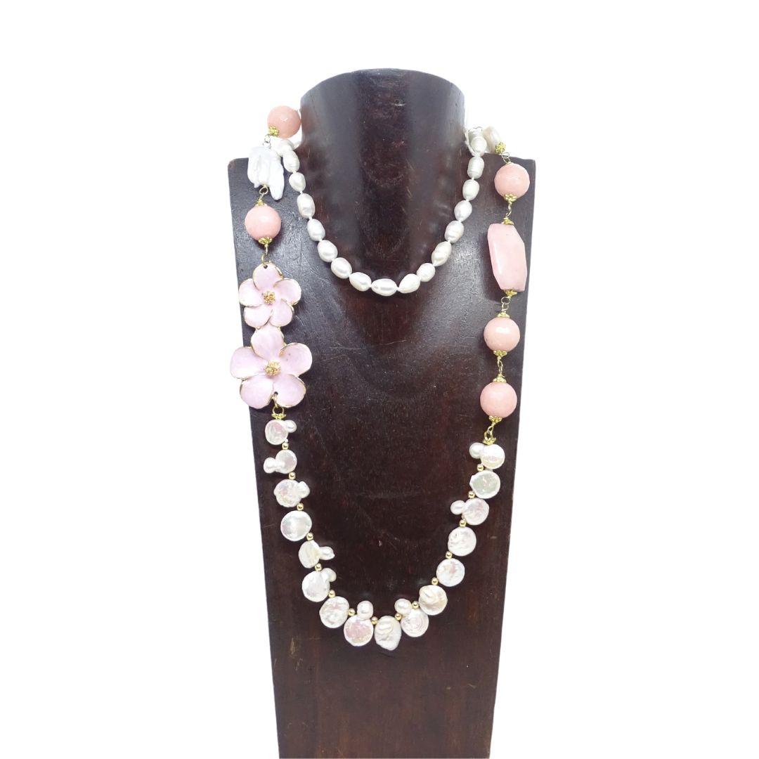 Italian necklace with baroque pearls, rose quartz and enamel For Sale