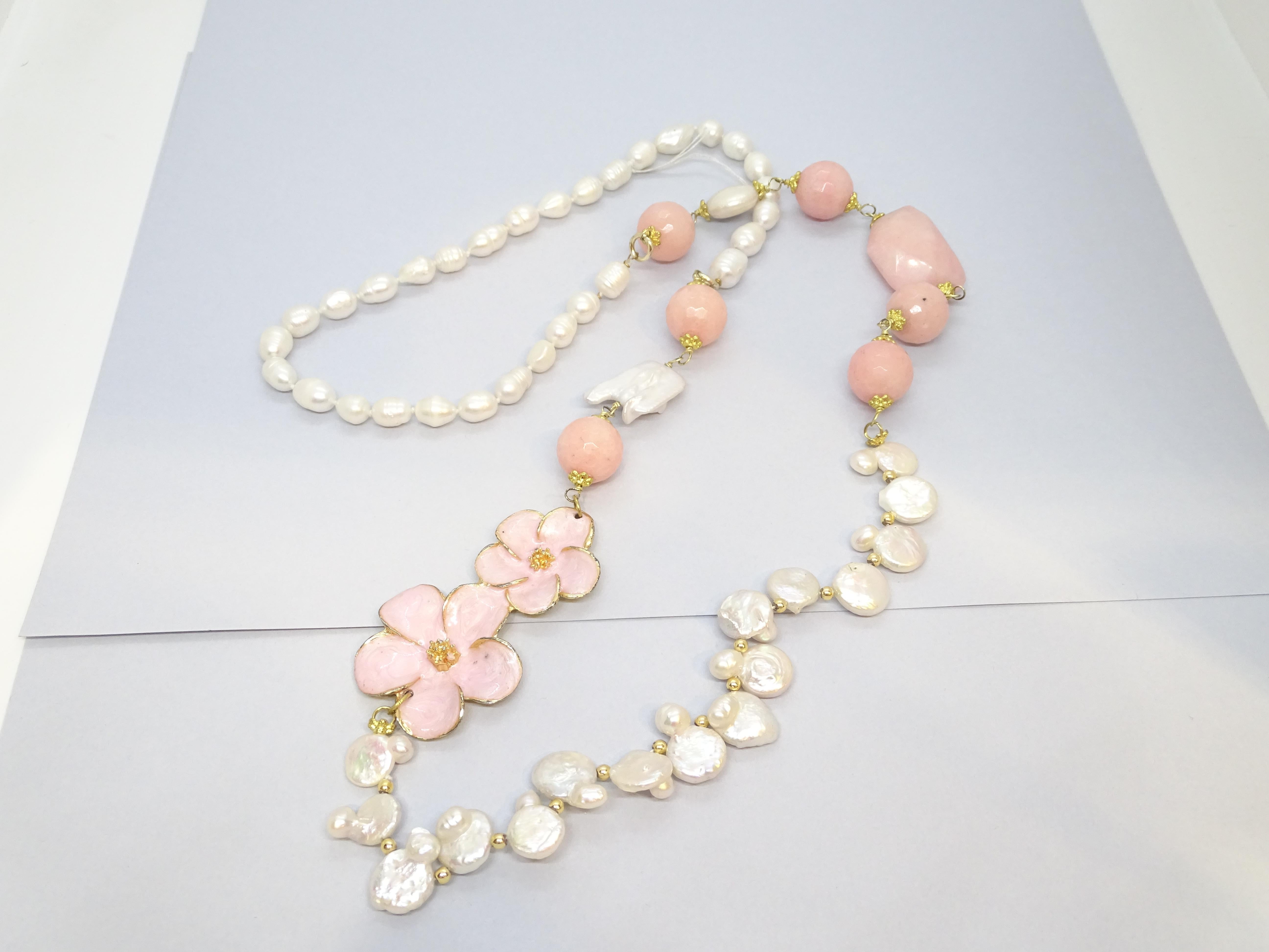 Women's or Men's Italian necklace with baroque pearls, rose quartz and enamel For Sale