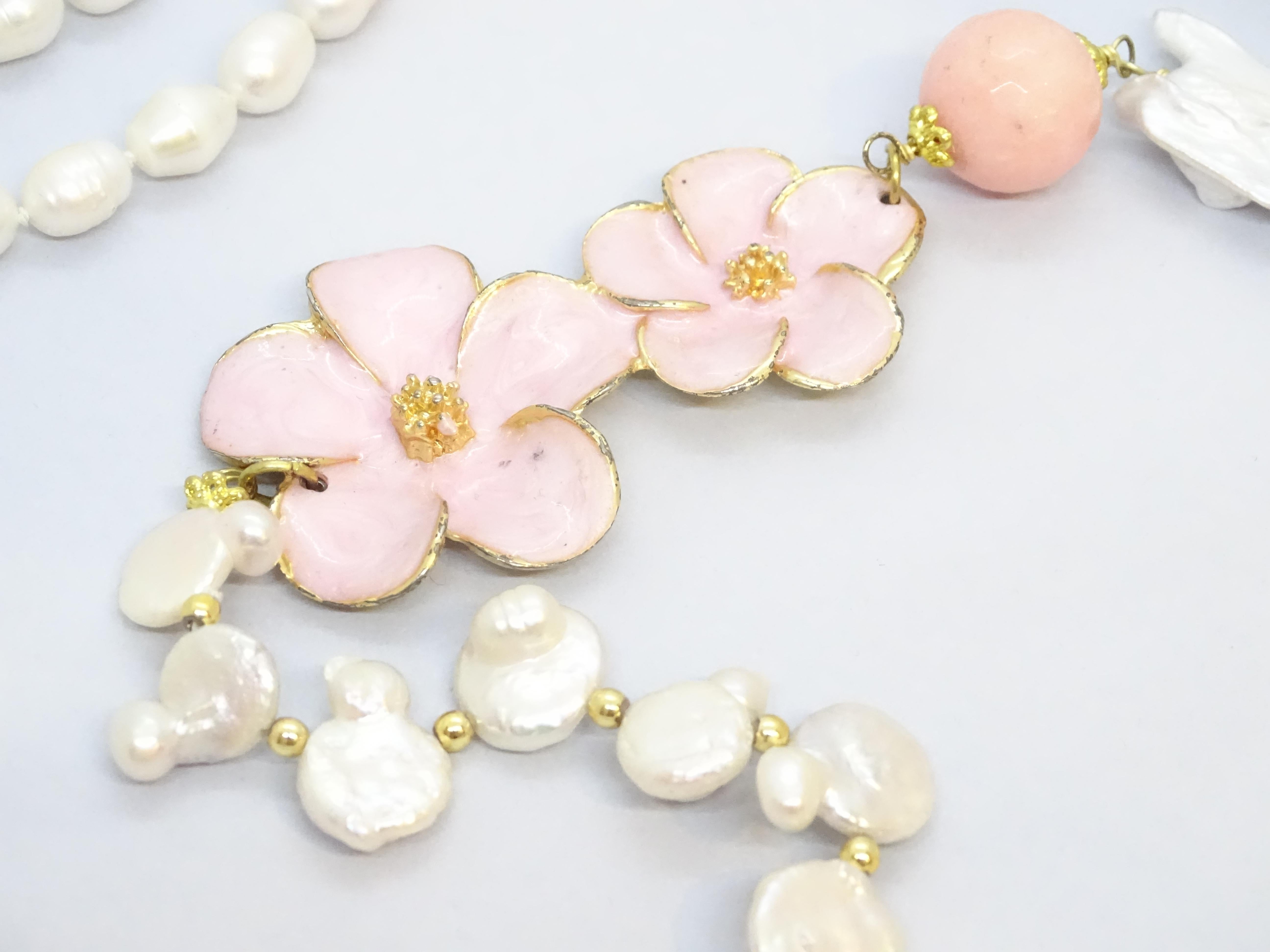 Italian necklace with baroque pearls, rose quartz and enamel For Sale 1