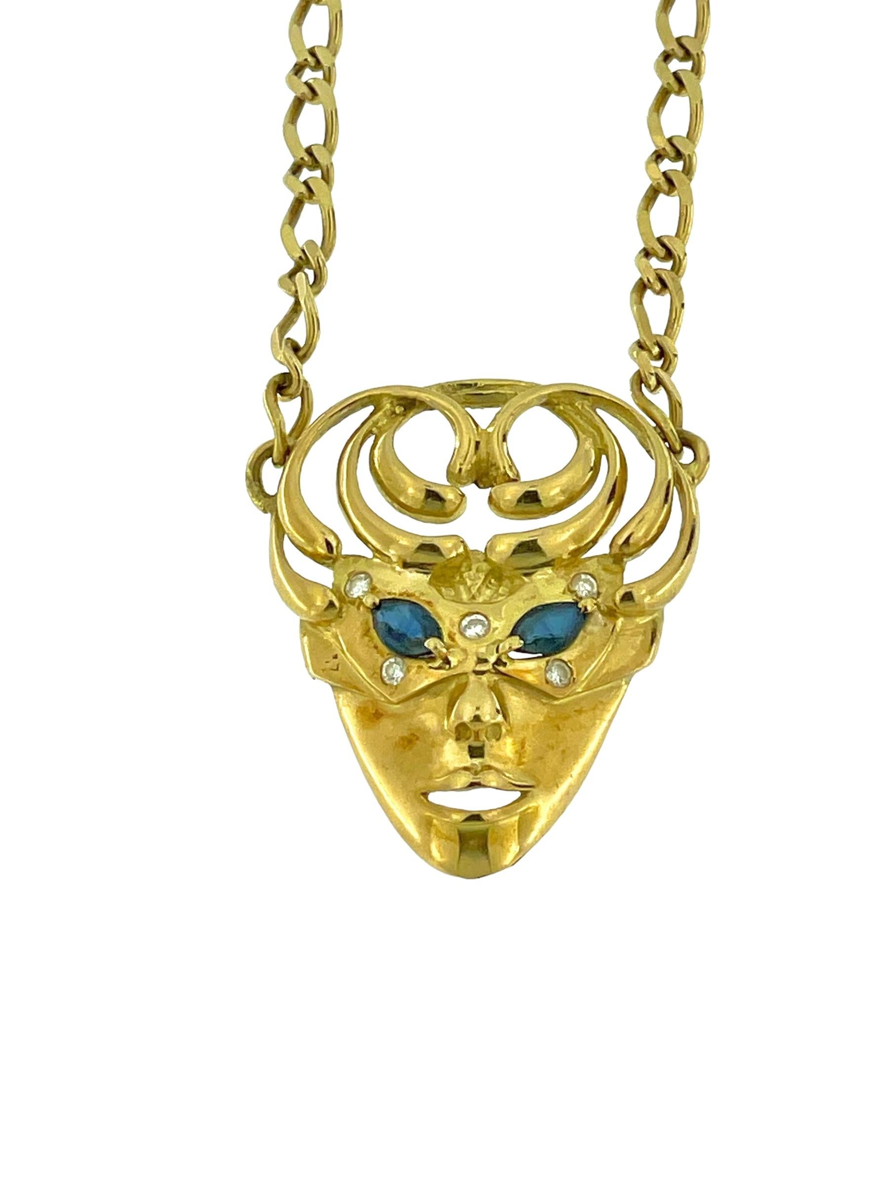 The Italian Necklace with Venetian Mask Pendant is a captivating piece of jewelry that beautifully merges Italian craftsmanship with Venetian charm. Crafted from 18-karat yellow gold, this necklace features a stunning Venetian mask pendant adorned